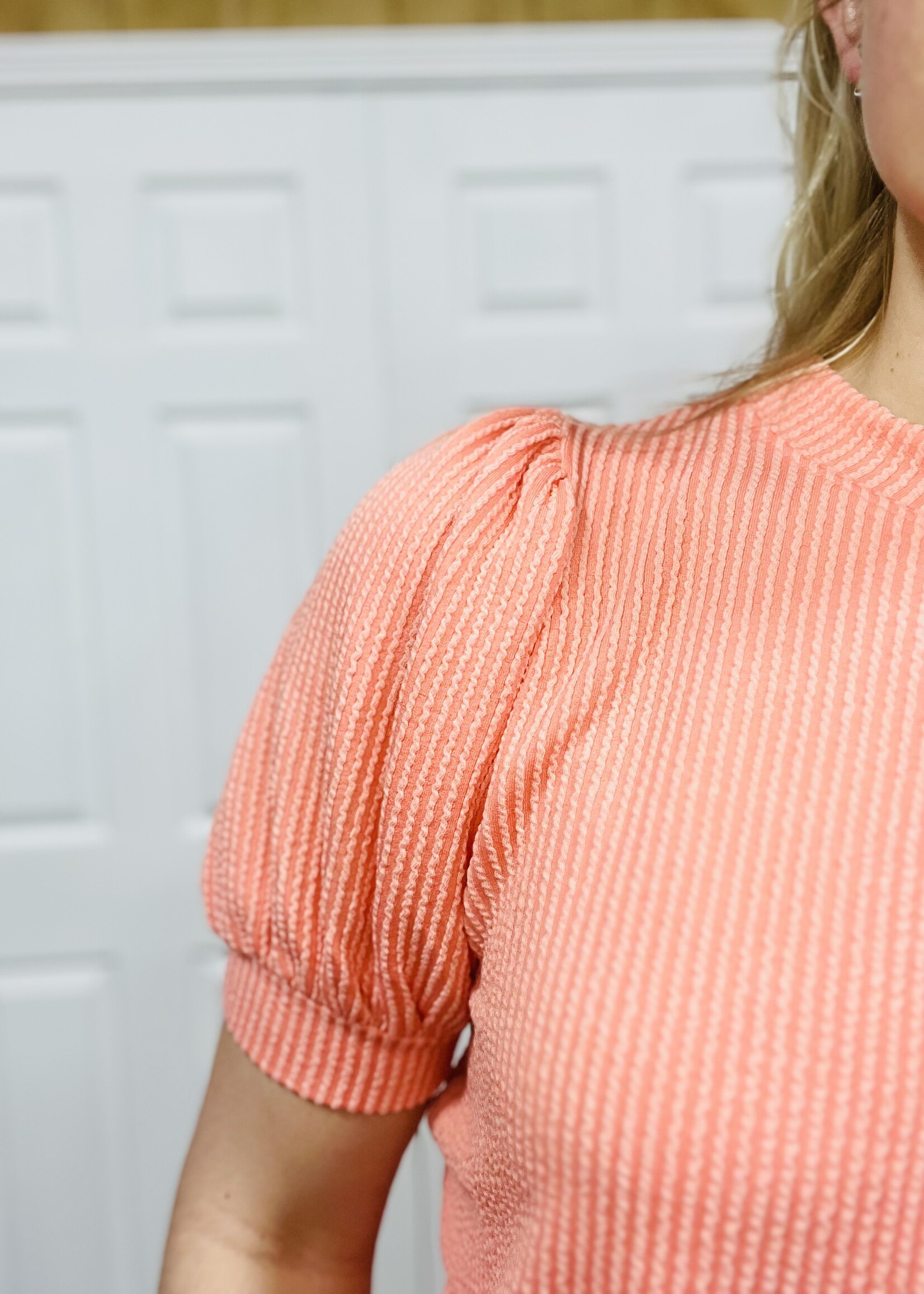Coral Ribbed Puff Sleeve Top