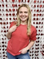 Red Ribbed Short Sleeve Pocket Top