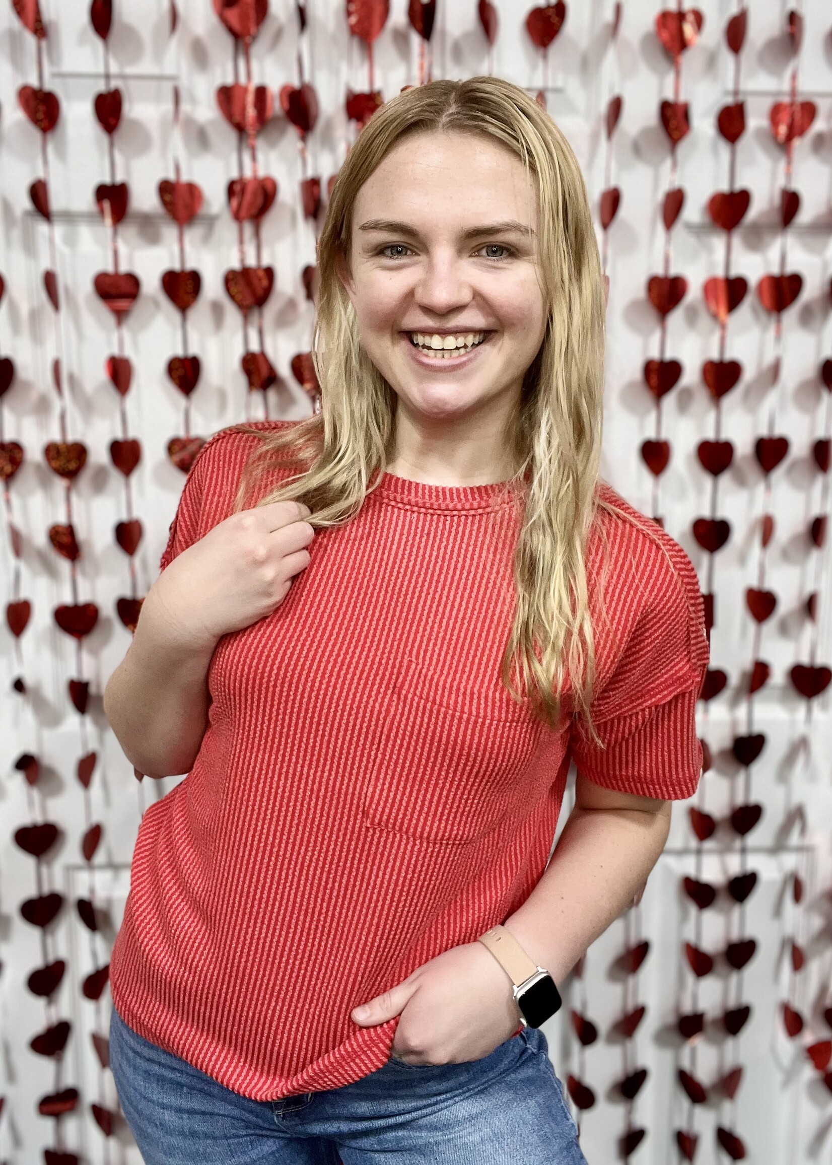 Red Ribbed Short Sleeve Pocket Top