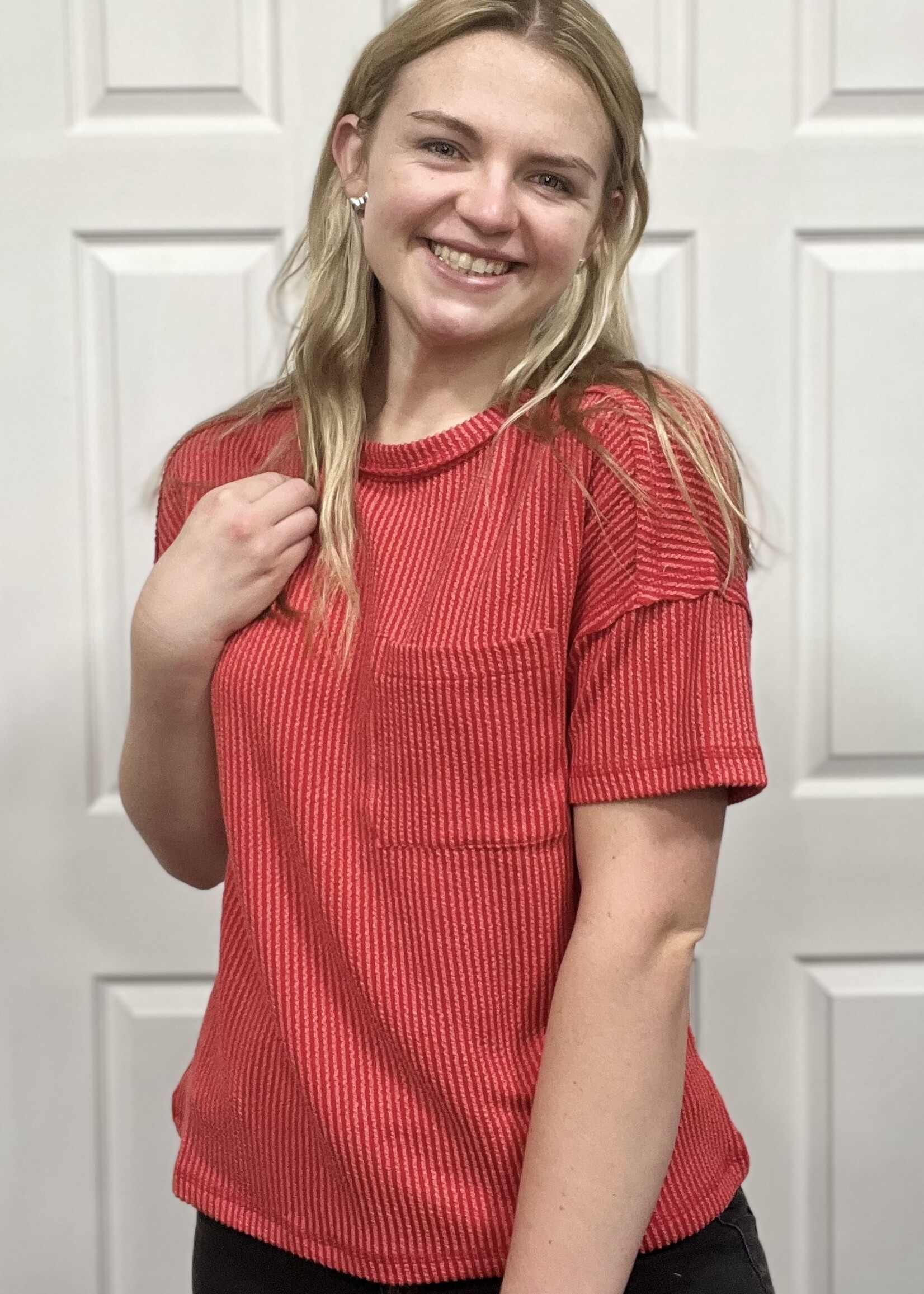 Red Ribbed Short Sleeve Pocket Top
