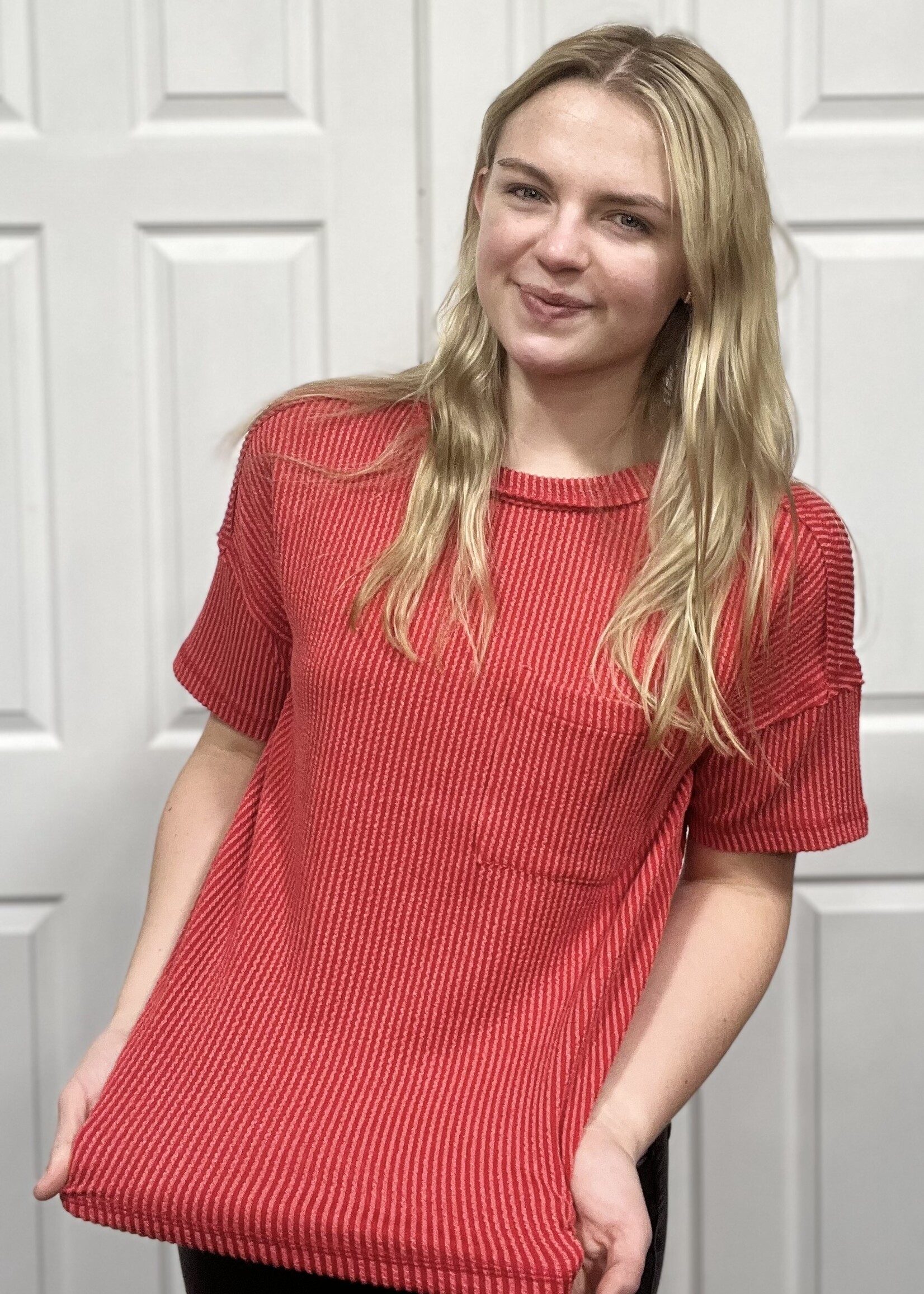 Red Ribbed Short Sleeve Pocket Top