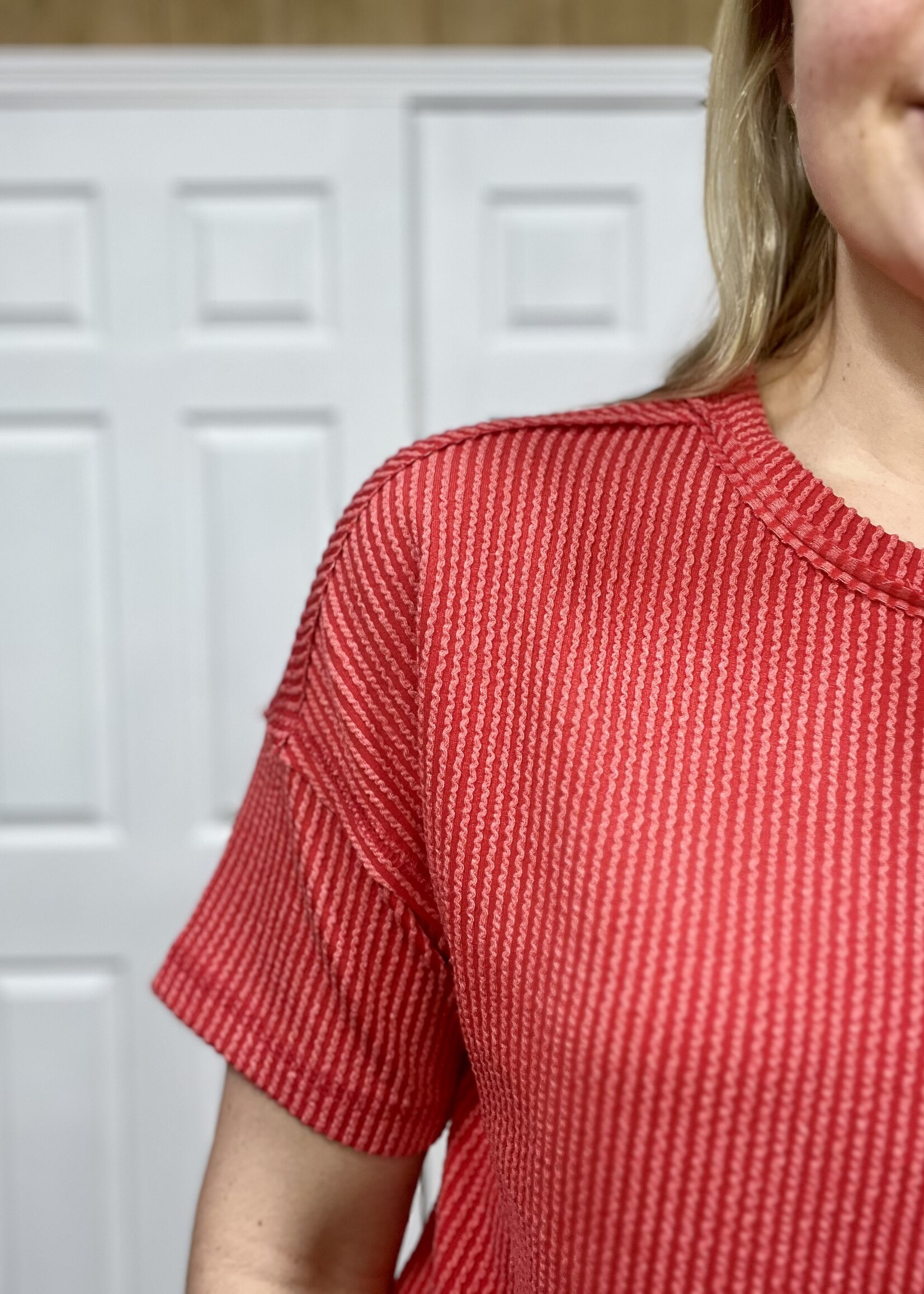 Red Ribbed Short Sleeve Pocket Top