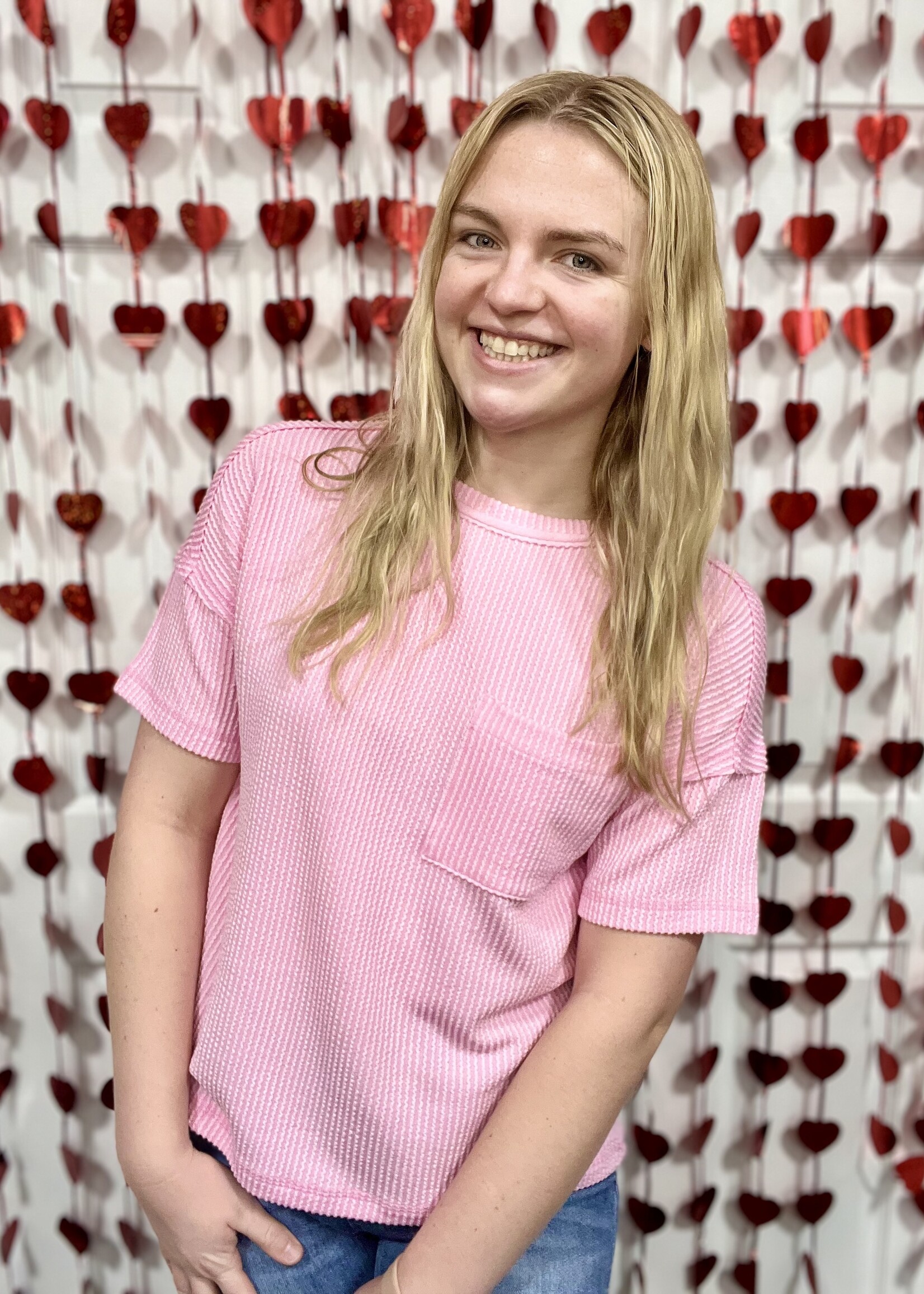 Pink Ribbed Short Sleeve Pocket Top