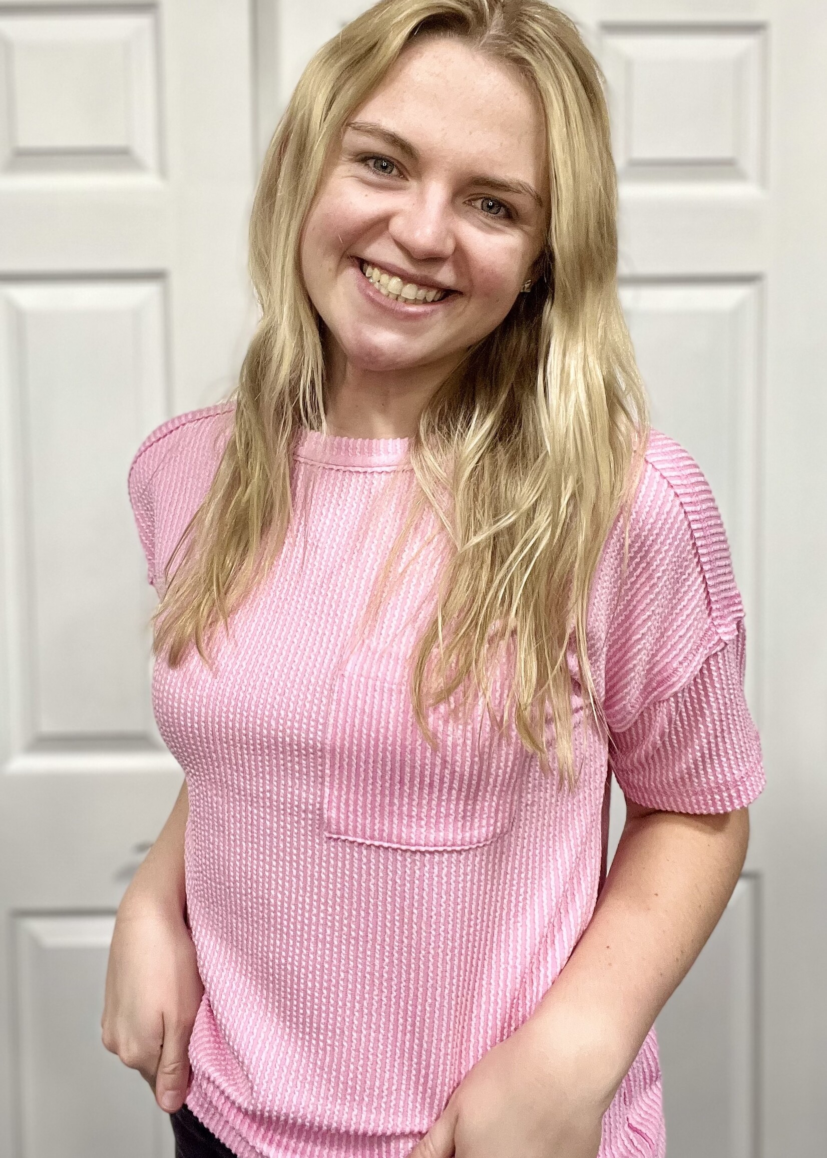 Pink Ribbed Short Sleeve Pocket Top