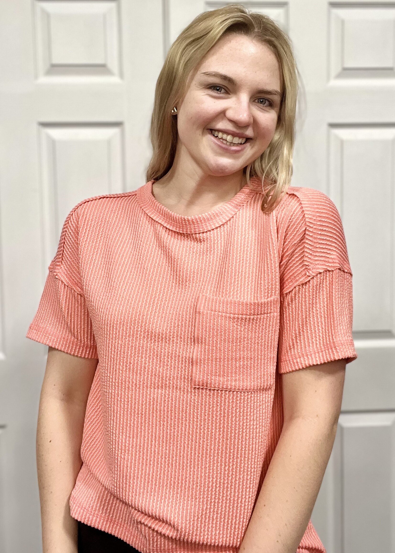 Coral Ribbed Short Sleeve Pocket Top