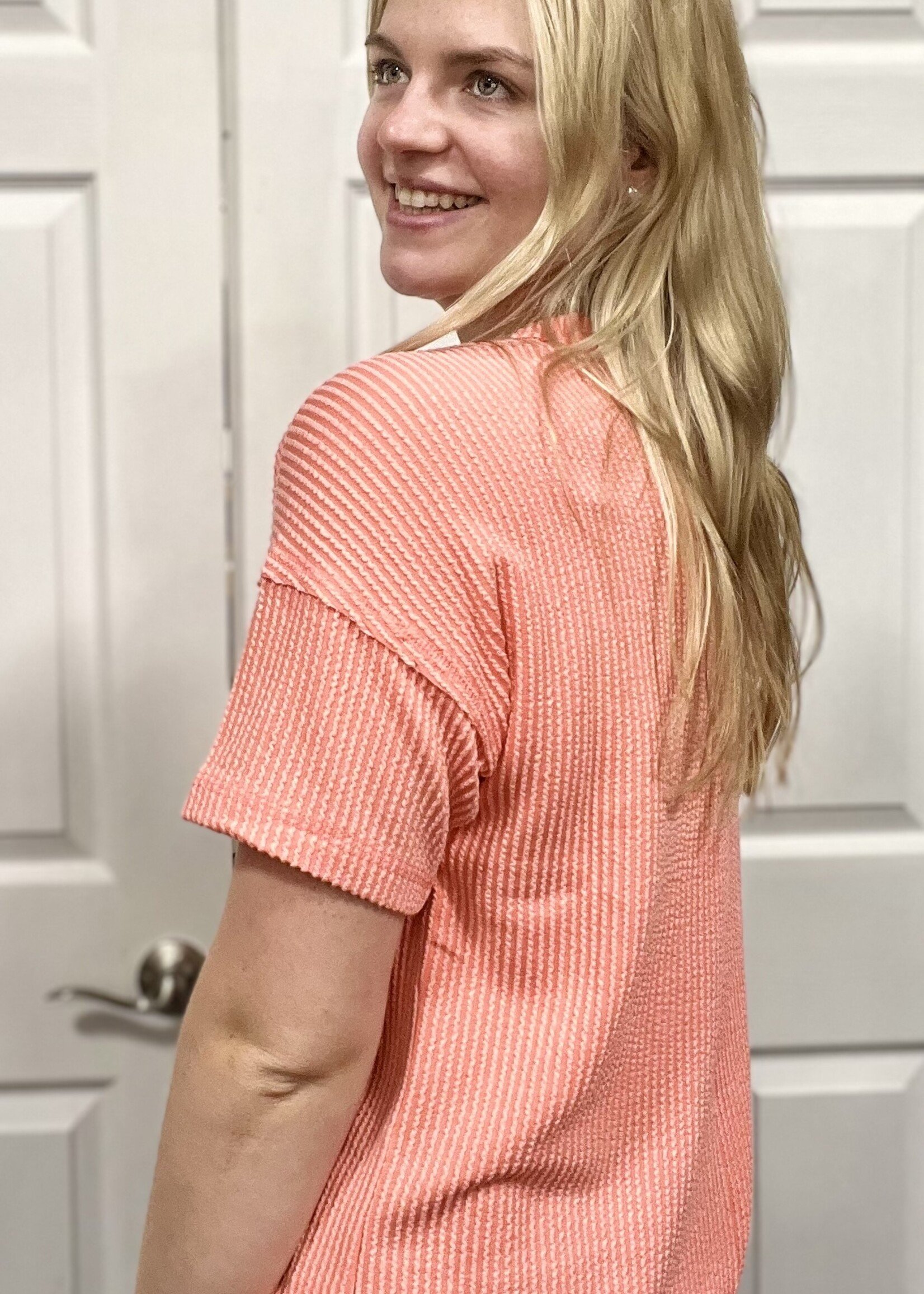 Coral Ribbed Short Sleeve Pocket Top