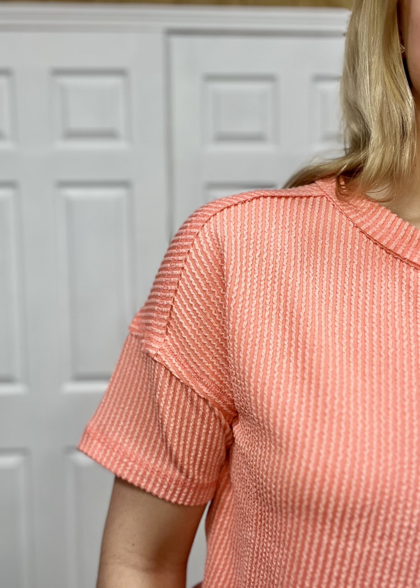 Coral Ribbed Short Sleeve Pocket Top