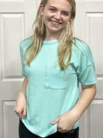 Mint Ribbed Short Sleeve Pocket Top