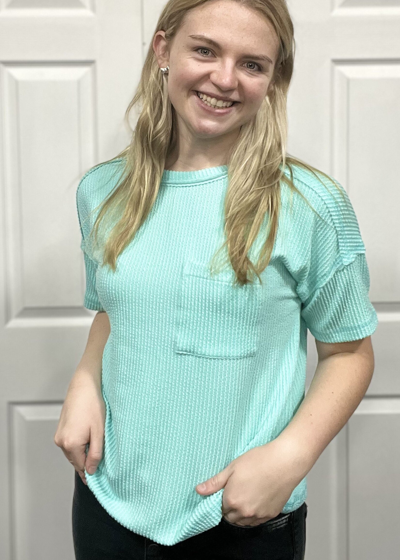 Mint Ribbed Short Sleeve Pocket Top