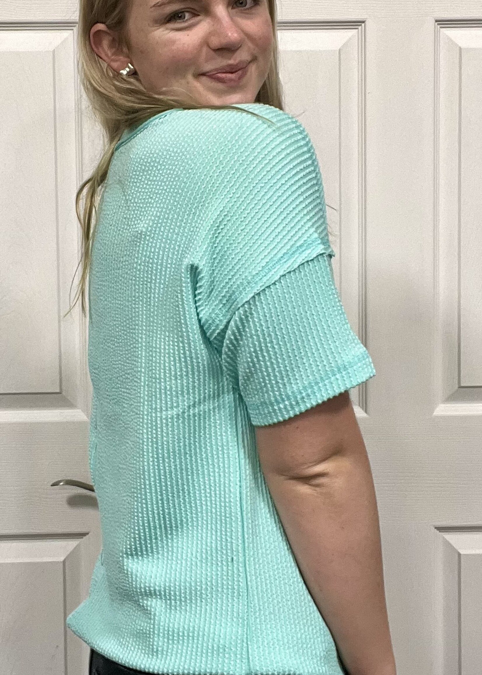 Mint Ribbed Short Sleeve Pocket Top