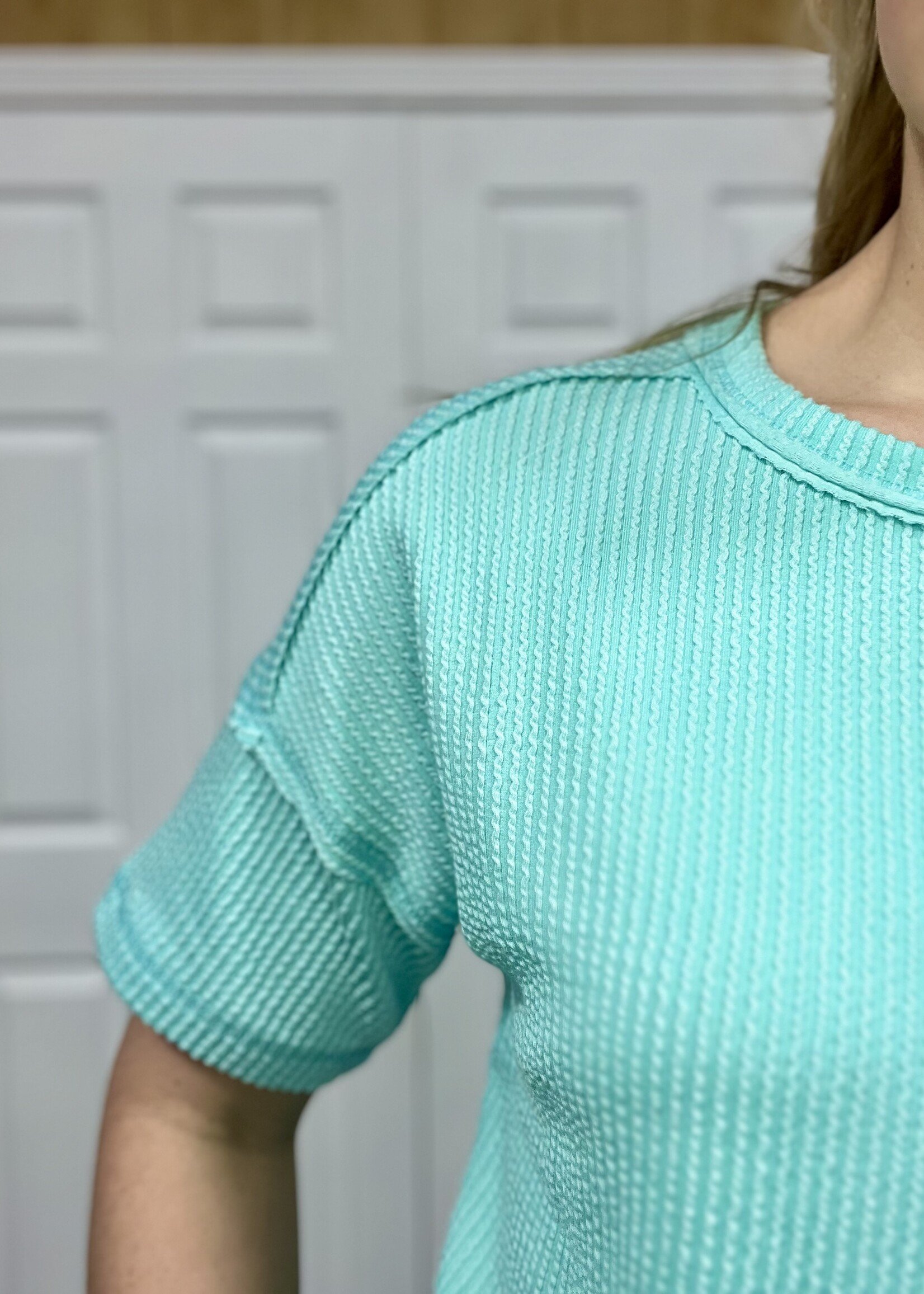 Mint Ribbed Short Sleeve Pocket Top