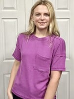 Plum Ribbed Short Sleeve Pocket Top