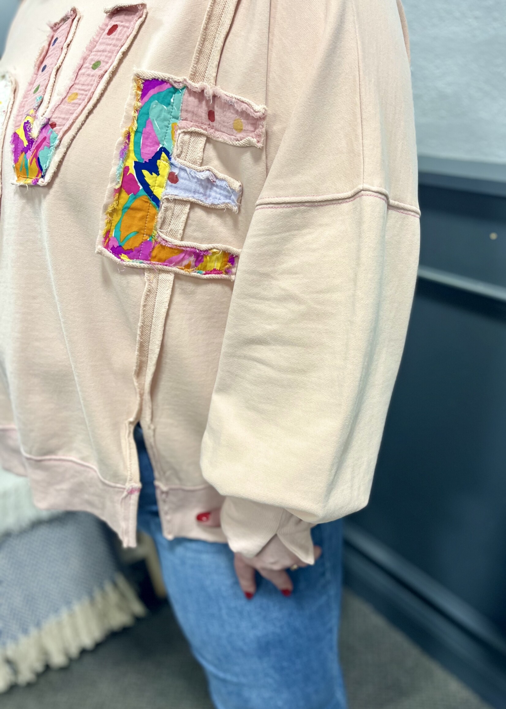 Easel Patchwork Love Pullover in Blush