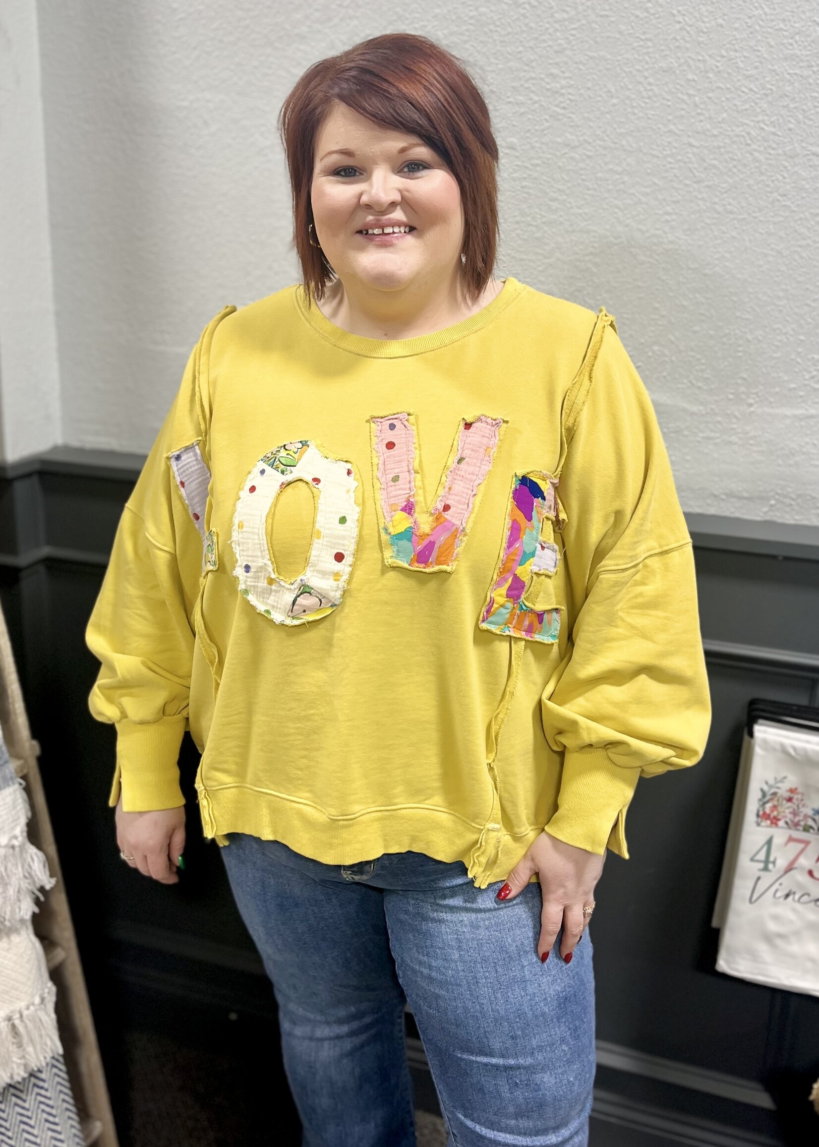 Easel Patchwork Love Pullover in Yellow