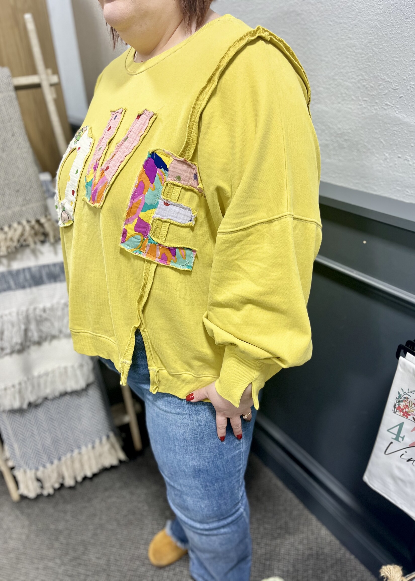 Easel Patchwork Love Pullover in Yellow