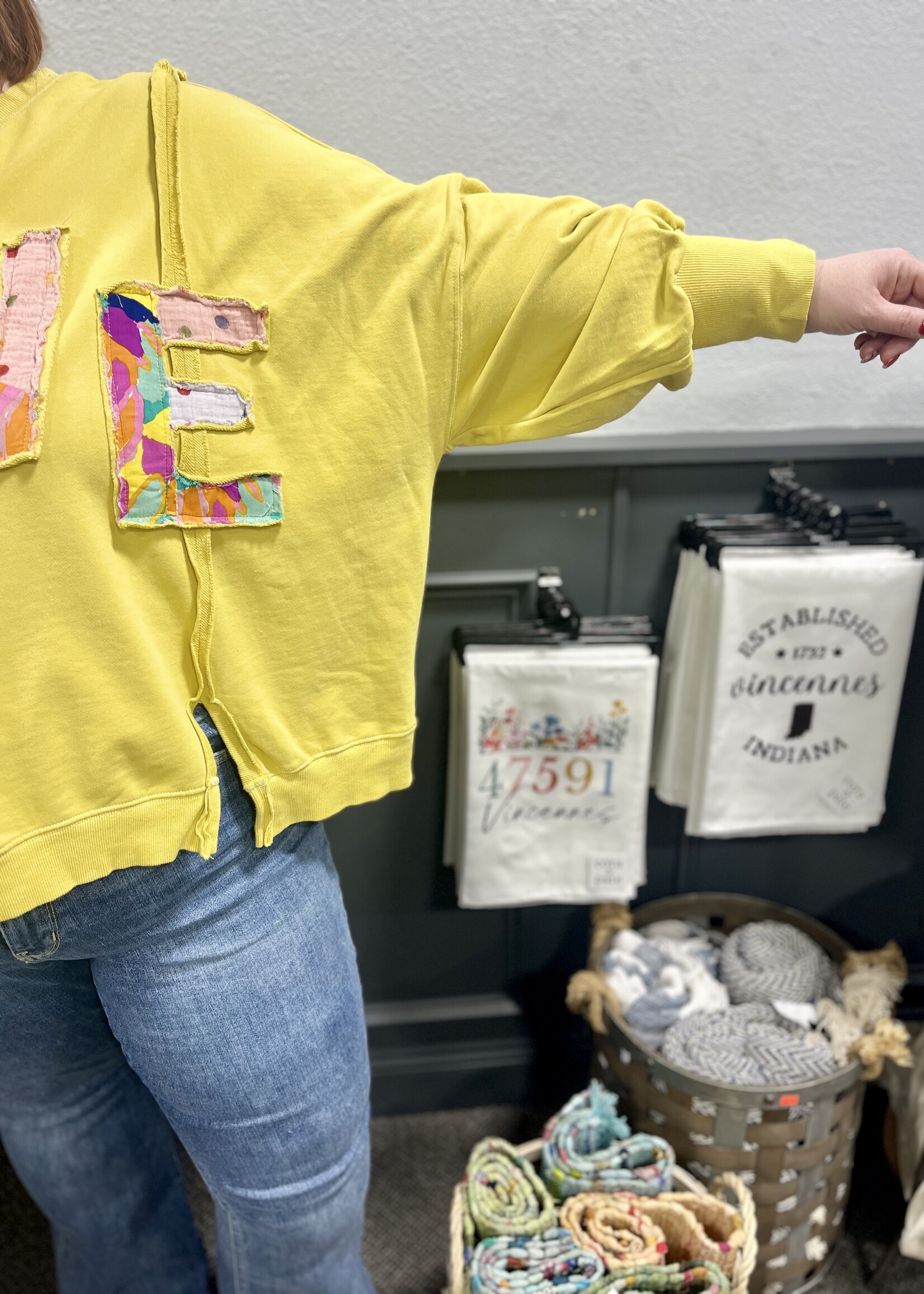 Easel Patchwork Love Pullover in Yellow