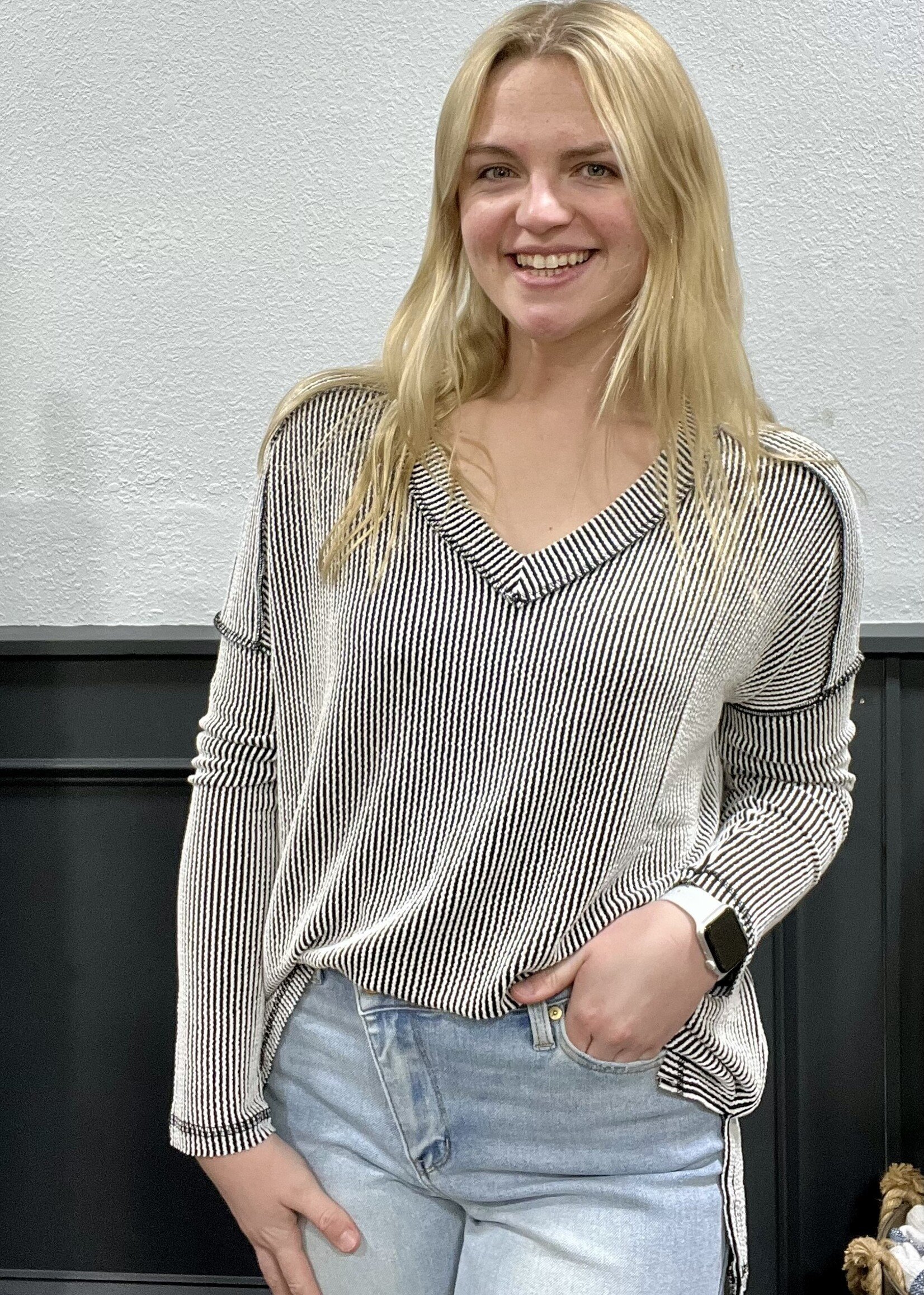 Black/White V-Neck Ribbed Top