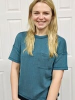 Teal Ribbed Short Sleeve Pocket Top