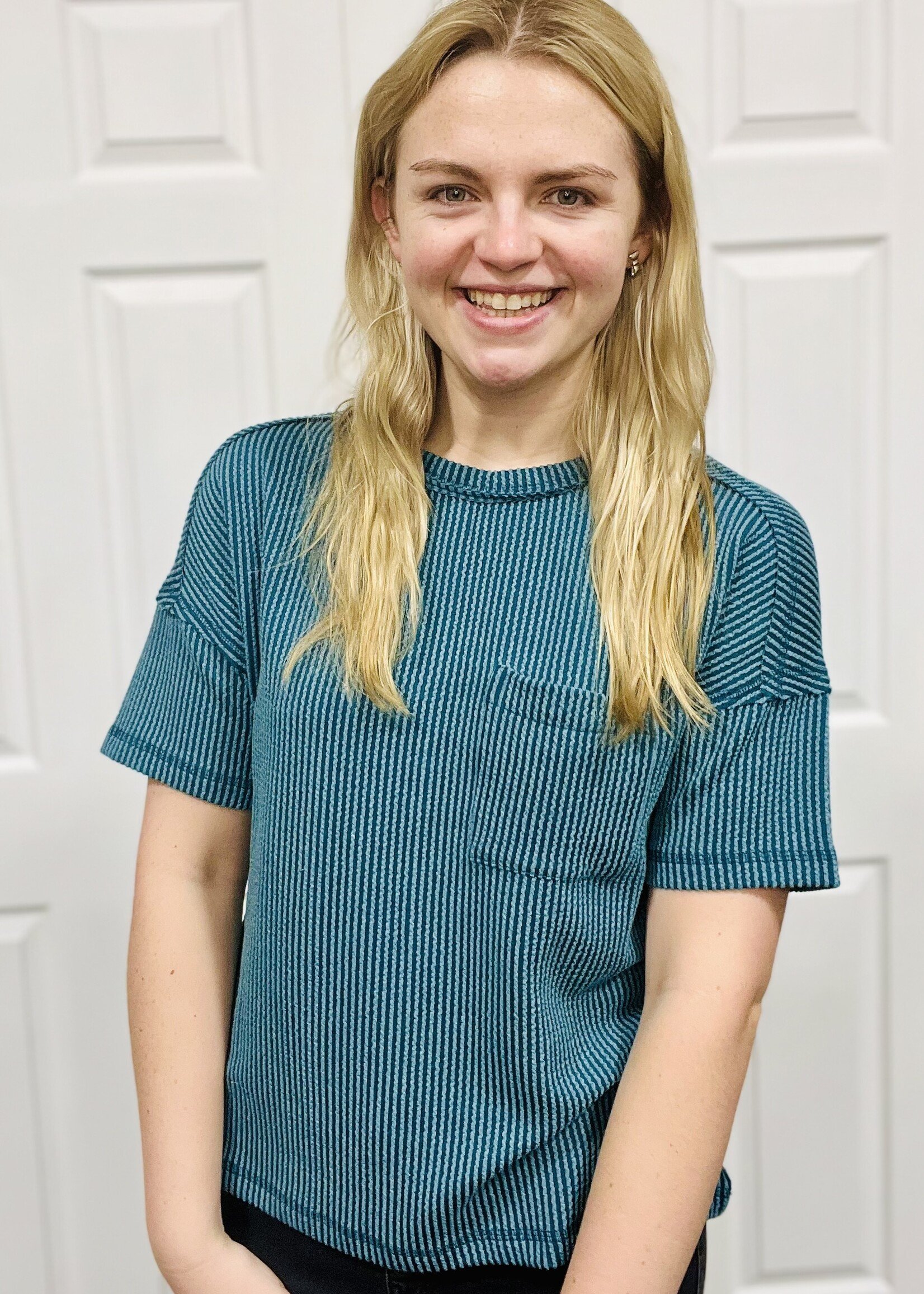 Teal Ribbed Short Sleeve Pocket Top