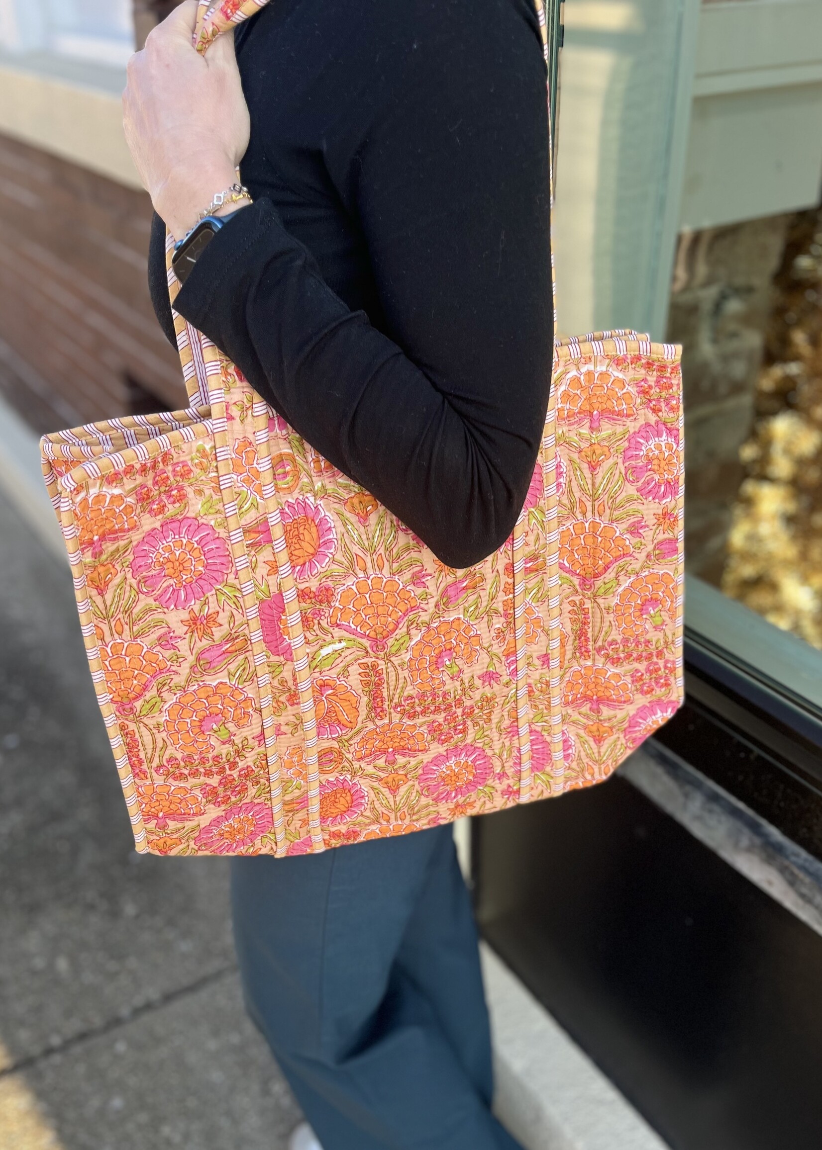 Quilted Orange Floral Tote Bag