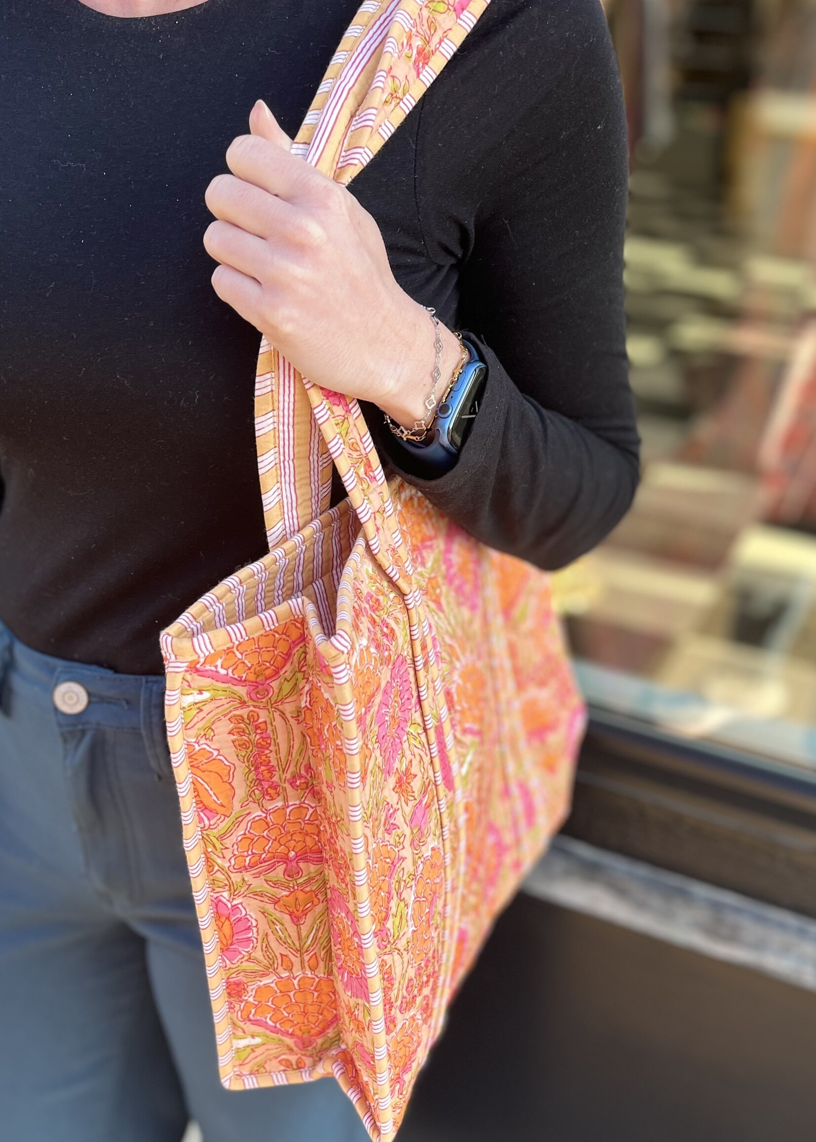Quilted Orange Floral Tote Bag