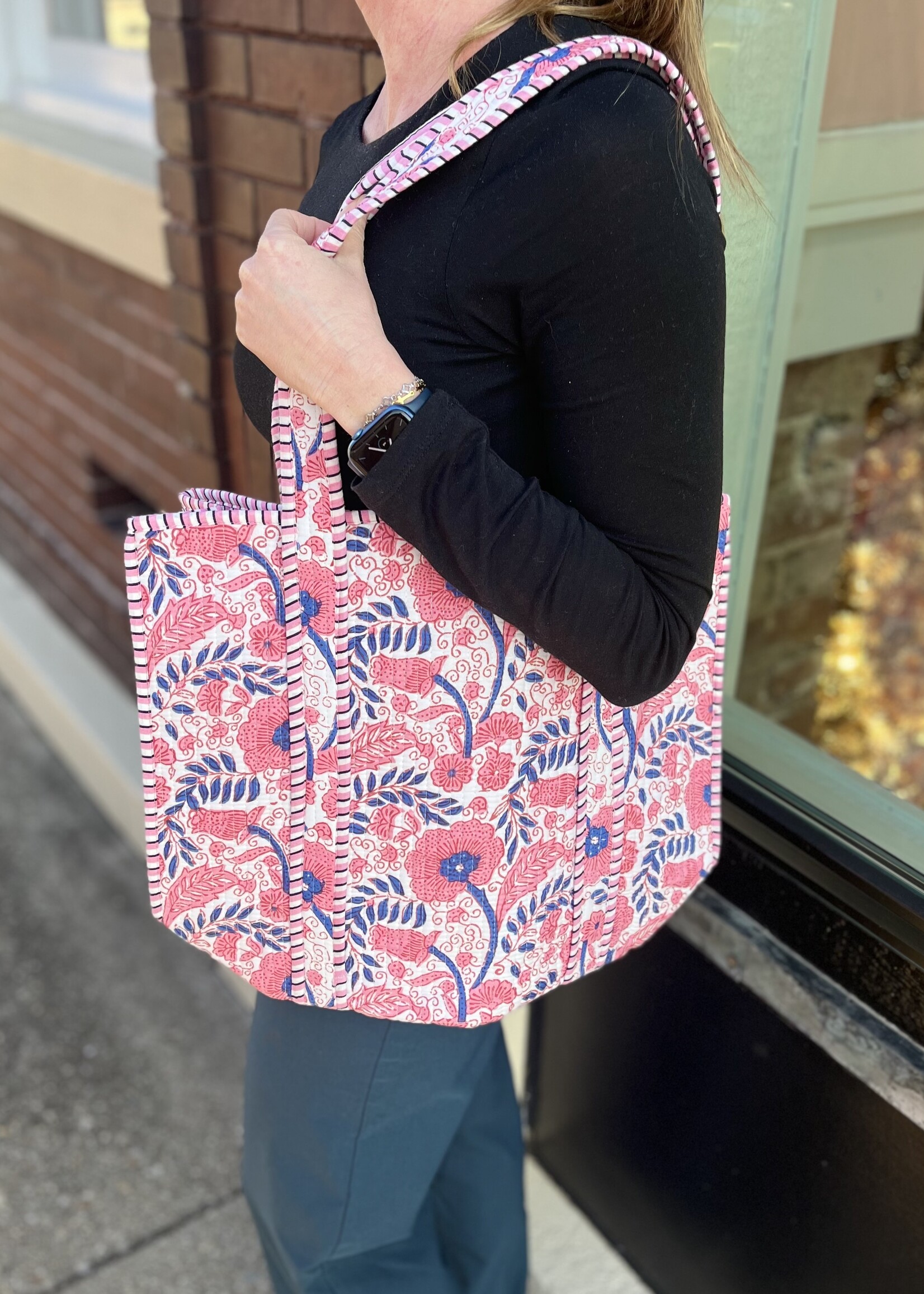 Quilted Pink Floral Tote Bag