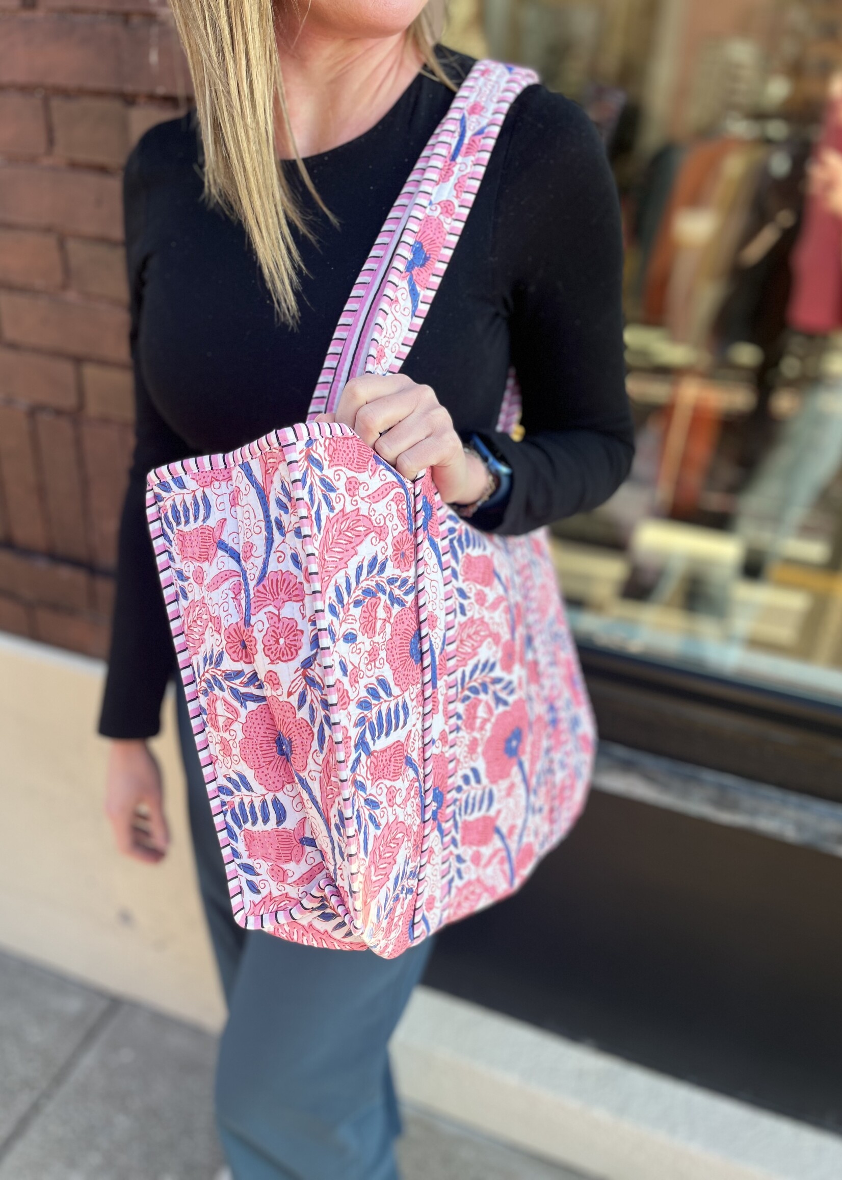 Quilted Pink Floral Tote Bag