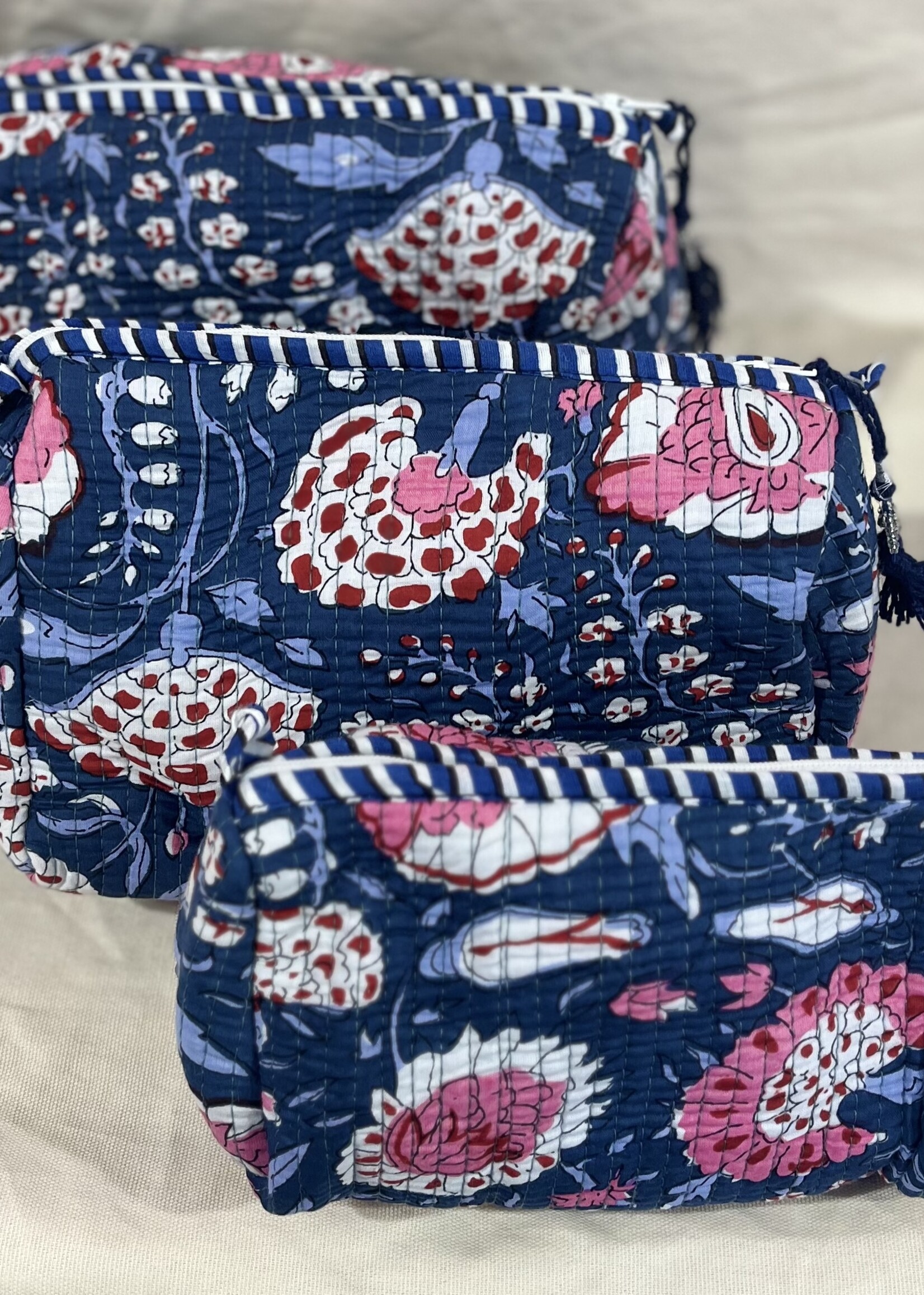 Quilted Navy Floral Cosmetic Bag-Medium