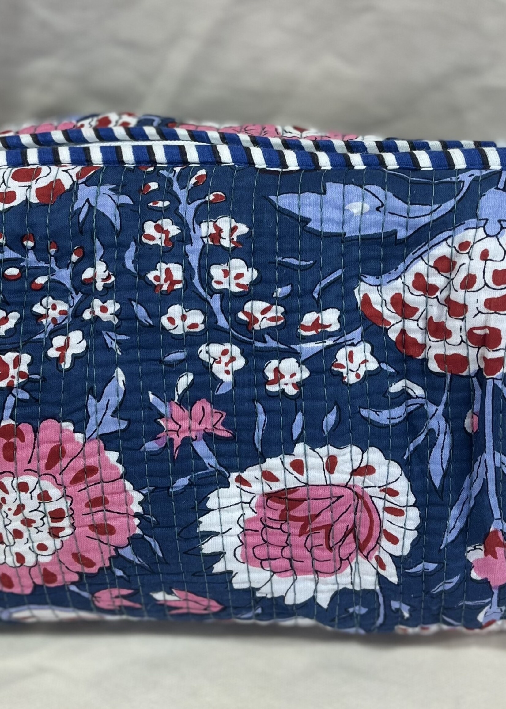 Quilted Navy Floral Cosmetic Bag-Large