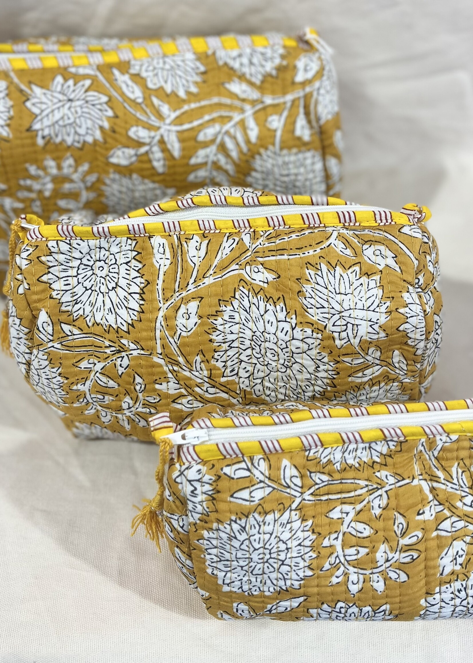 Quilted Yellow Floral Cosmetic Bag-Large
