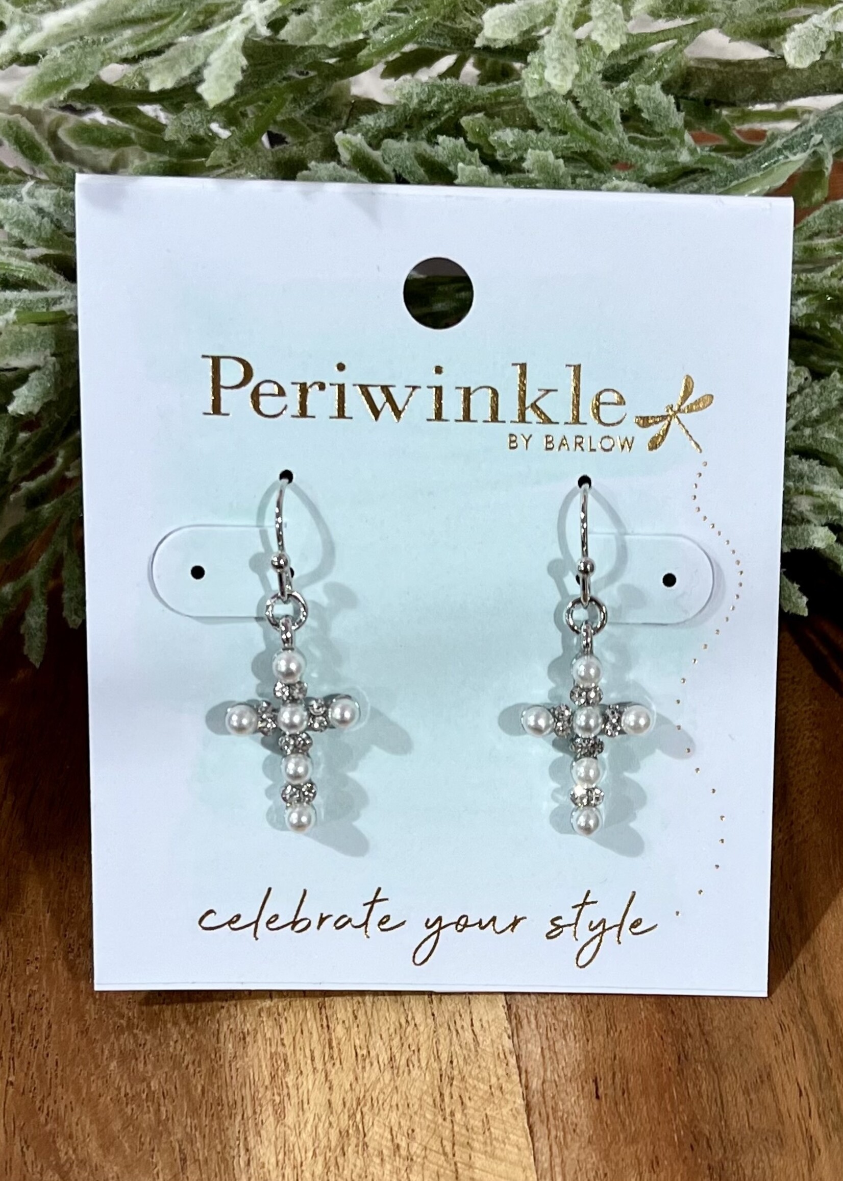 Periwinkle Silver Pearl/Crystal Cross Earrings