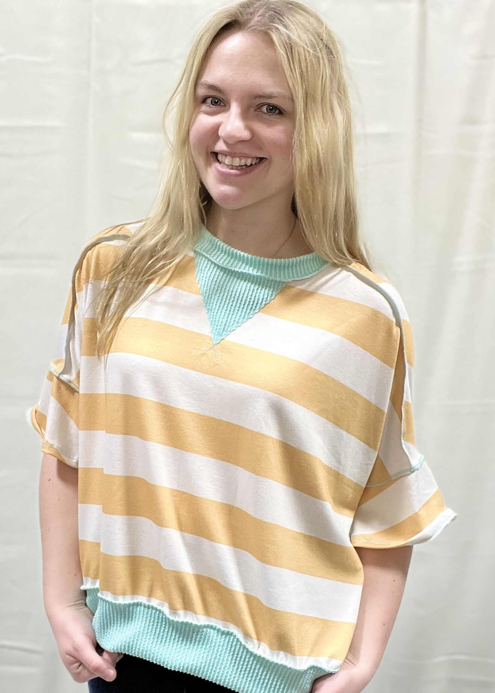 Yellow Striped Oversized Flutter Sleeve Top