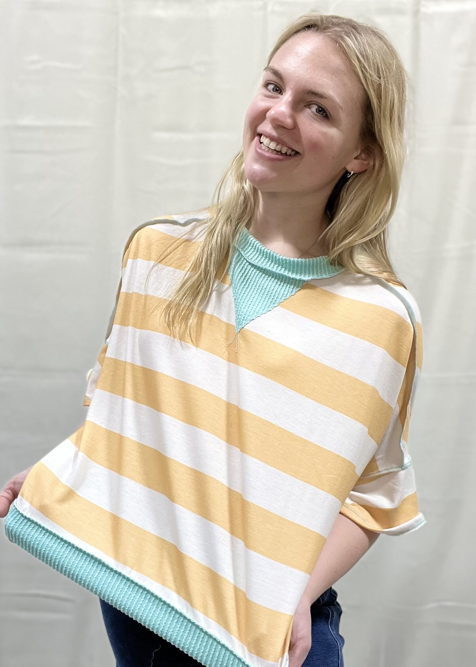 Yellow Striped Oversized Flutter Sleeve Top