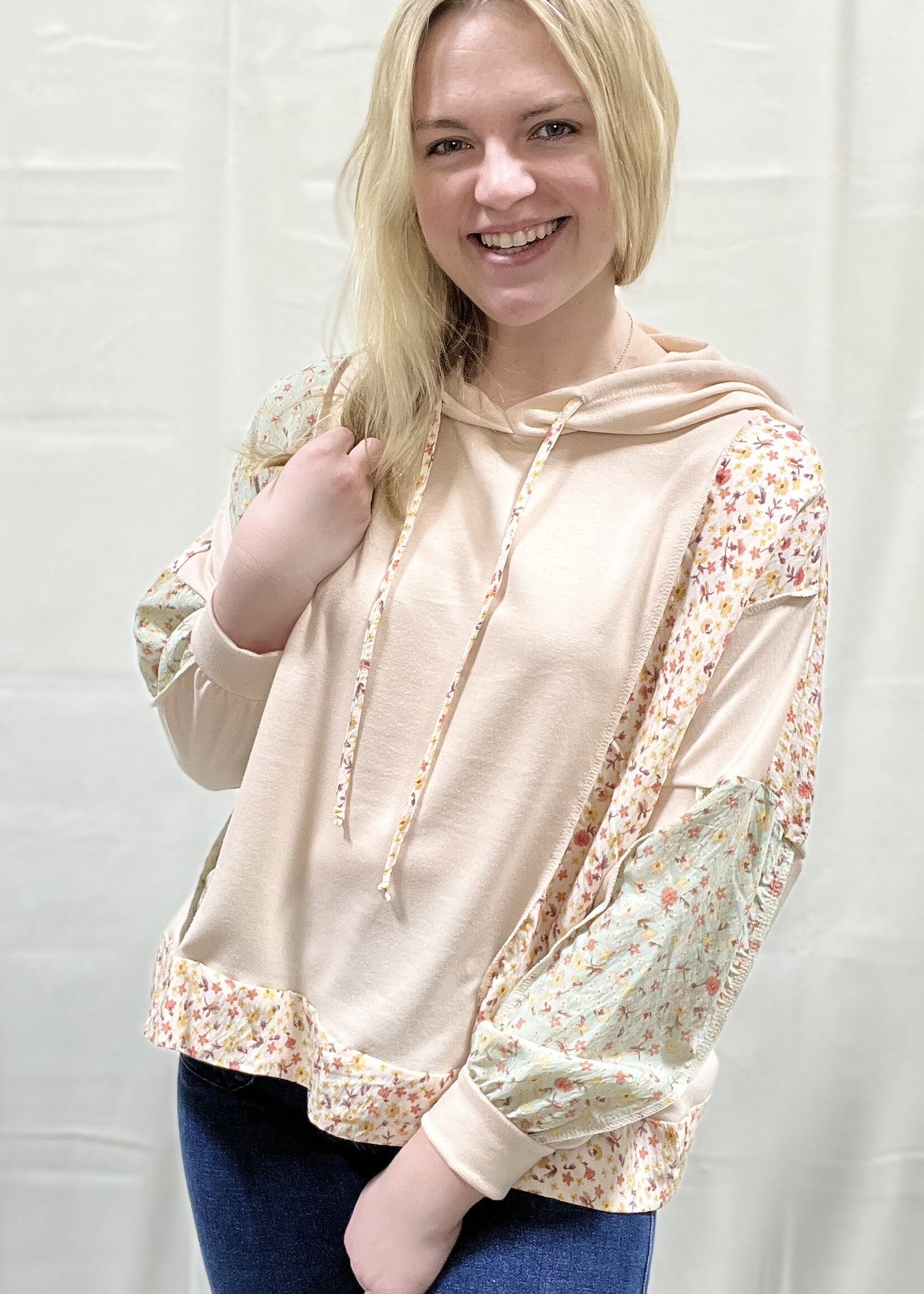 Oatmeal/Floral Colorblock Hooded Top