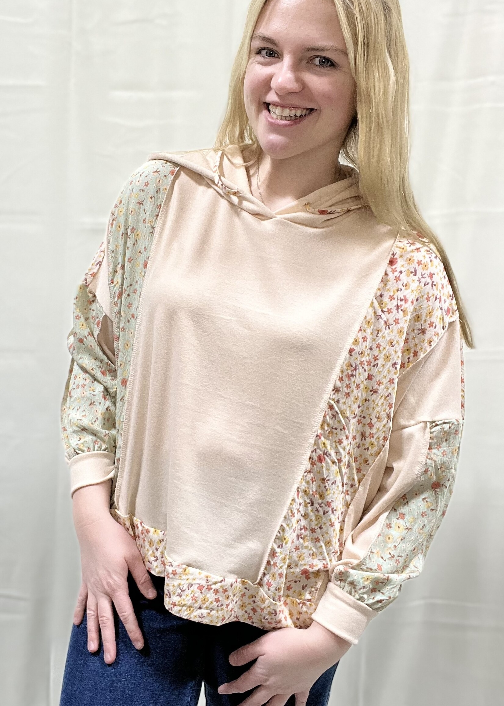 Oatmeal/Floral Colorblock Hooded Top