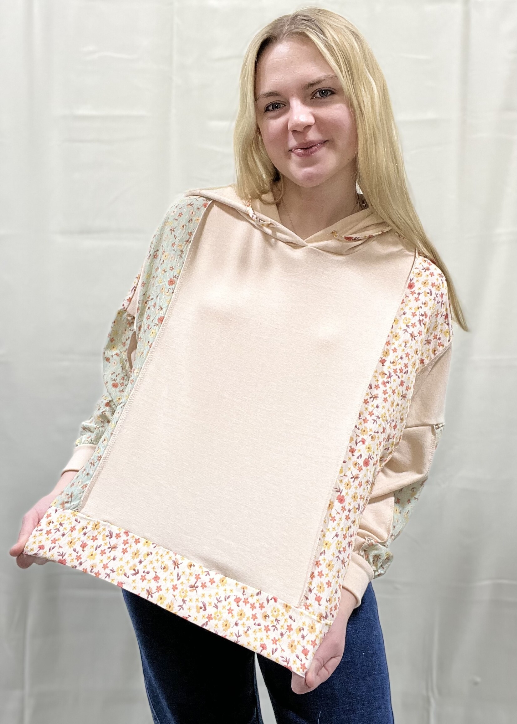 Oatmeal/Floral Colorblock Hooded Top