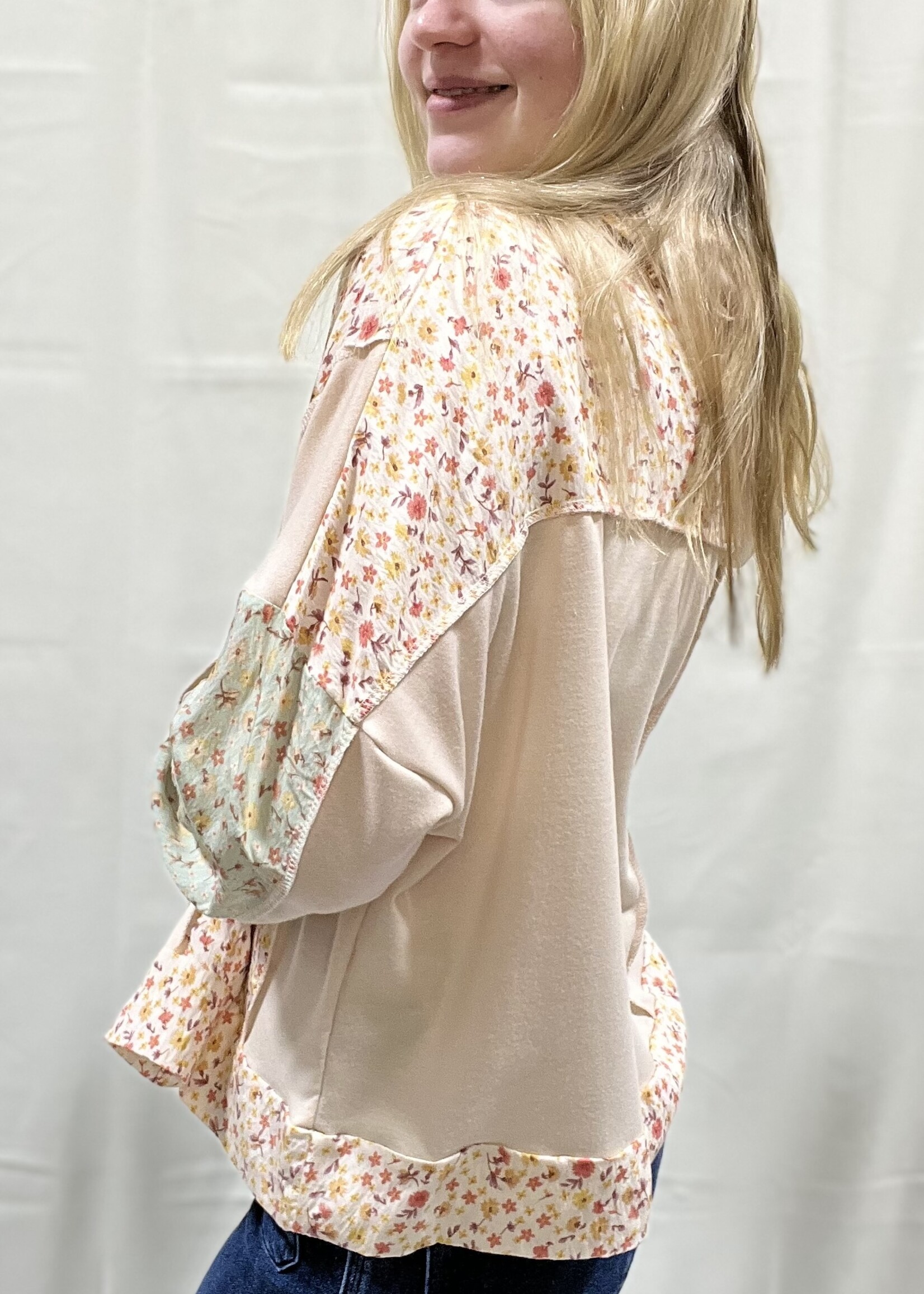 Oatmeal/Floral Colorblock Hooded Top