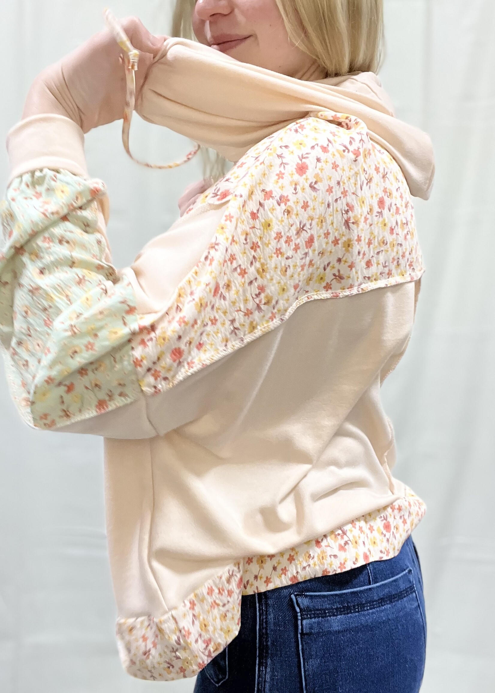 Oatmeal/Floral Colorblock Hooded Top
