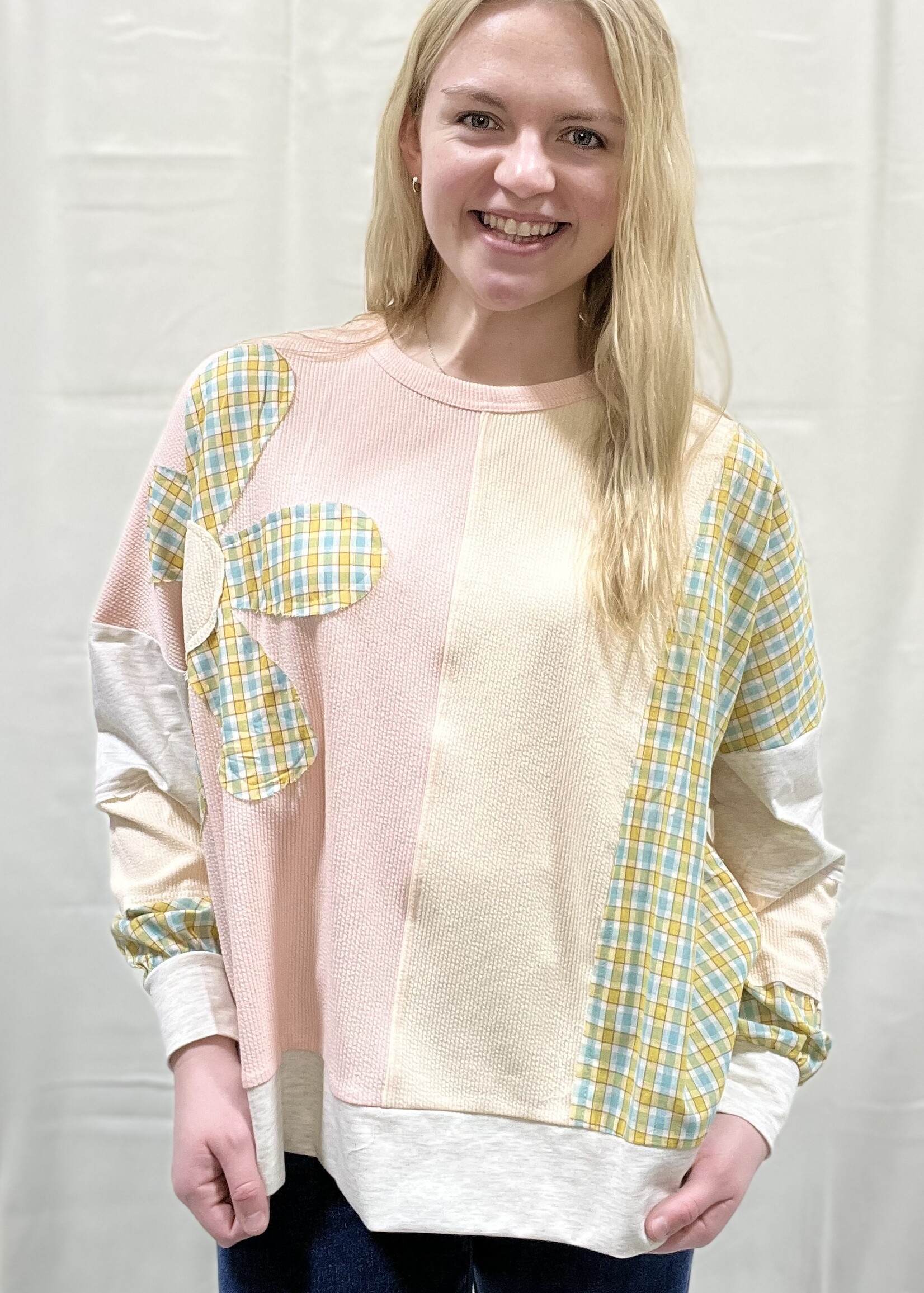 Peach Plaid Patch Flower Top