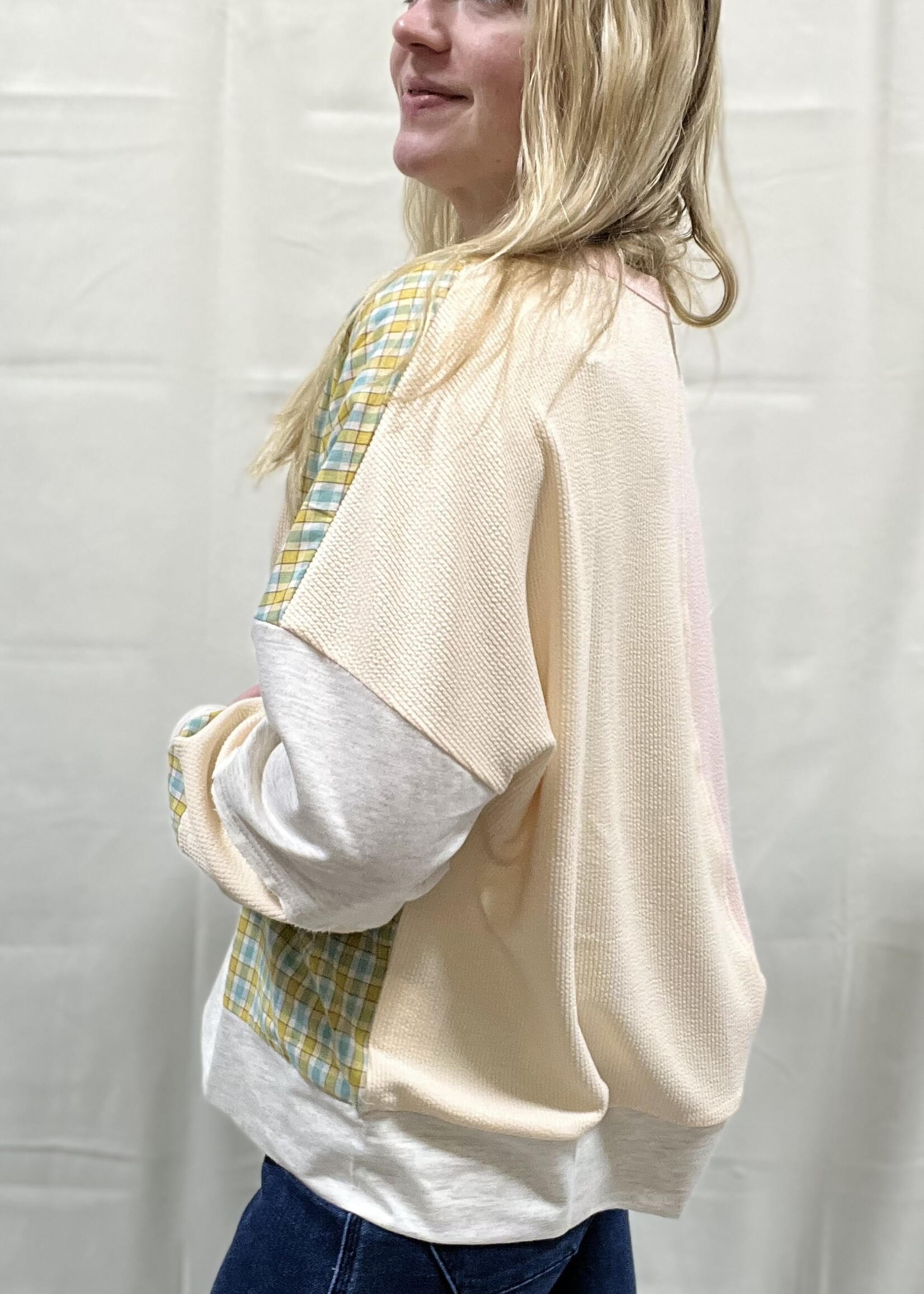 Peach Plaid Patch Flower Top