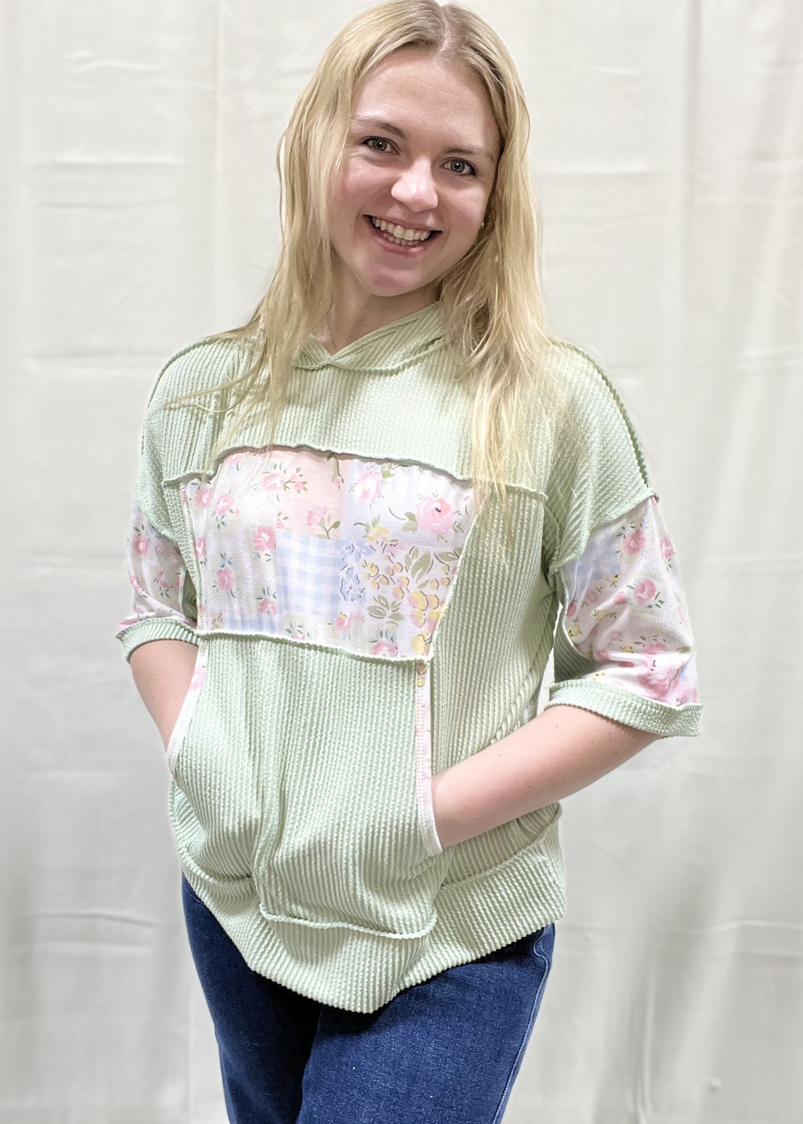 Sage Floral Accent Hooded Top