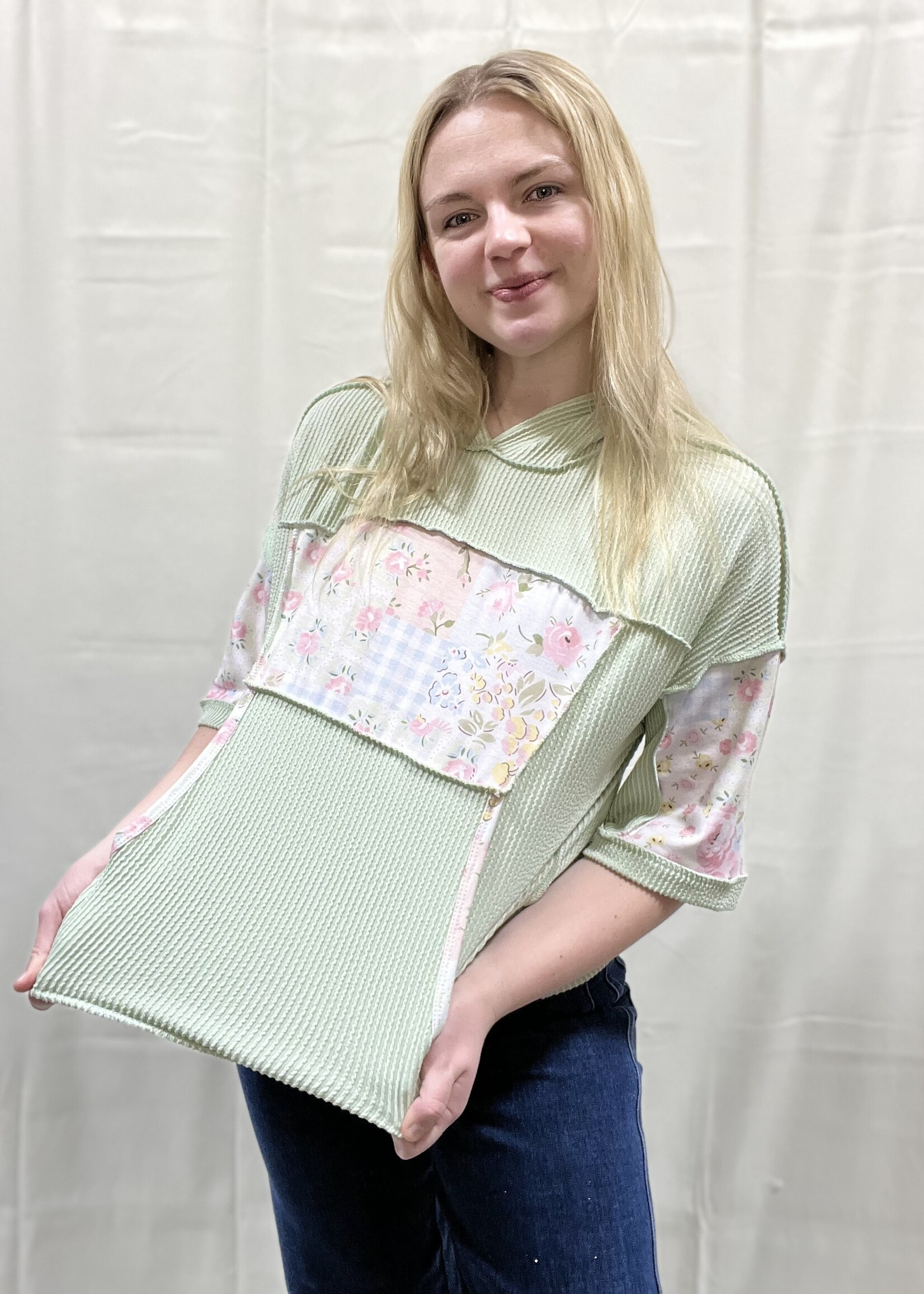 Sage Floral Accent Hooded Top