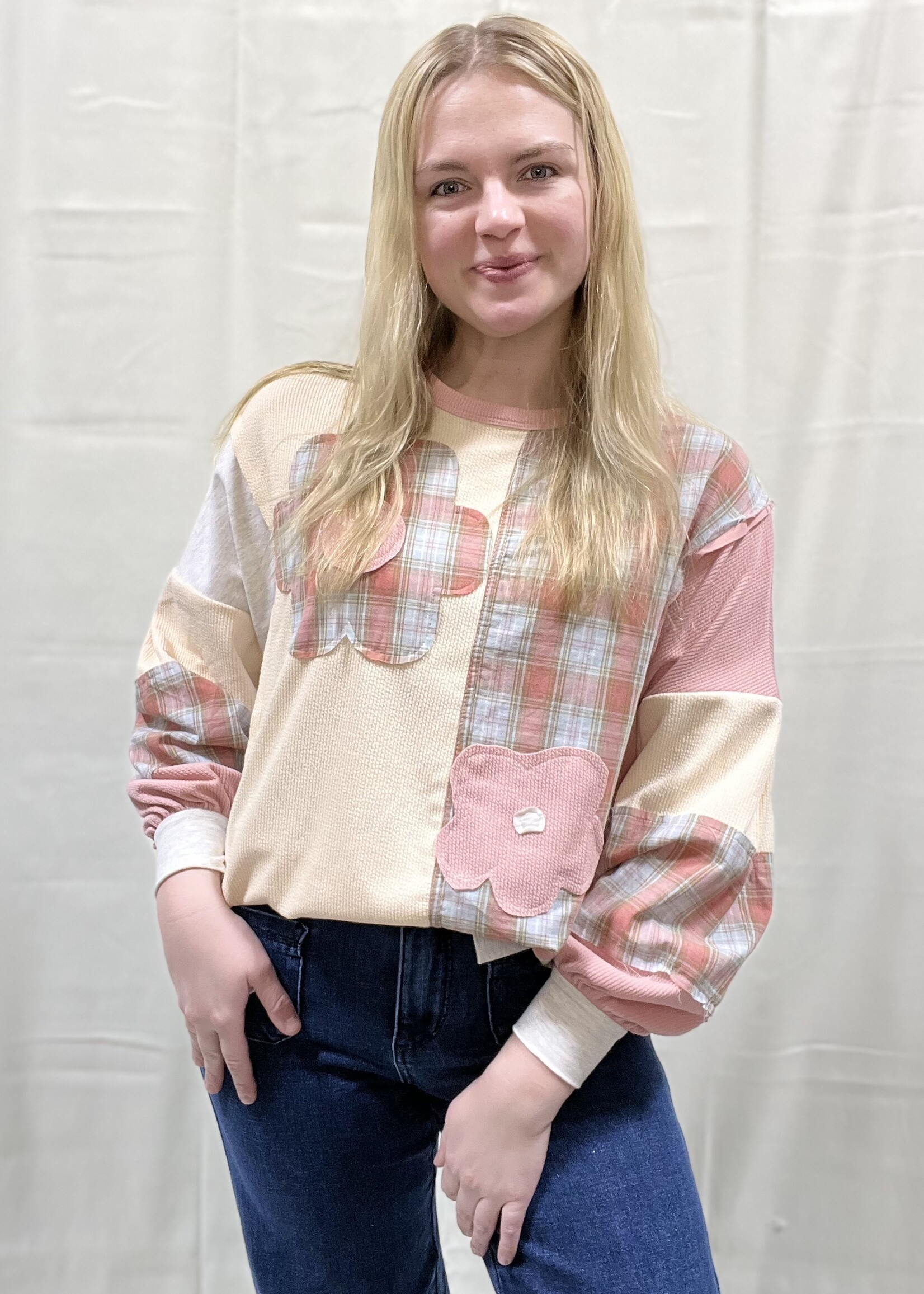 Dusty Rose Plaid Patch Flower Top