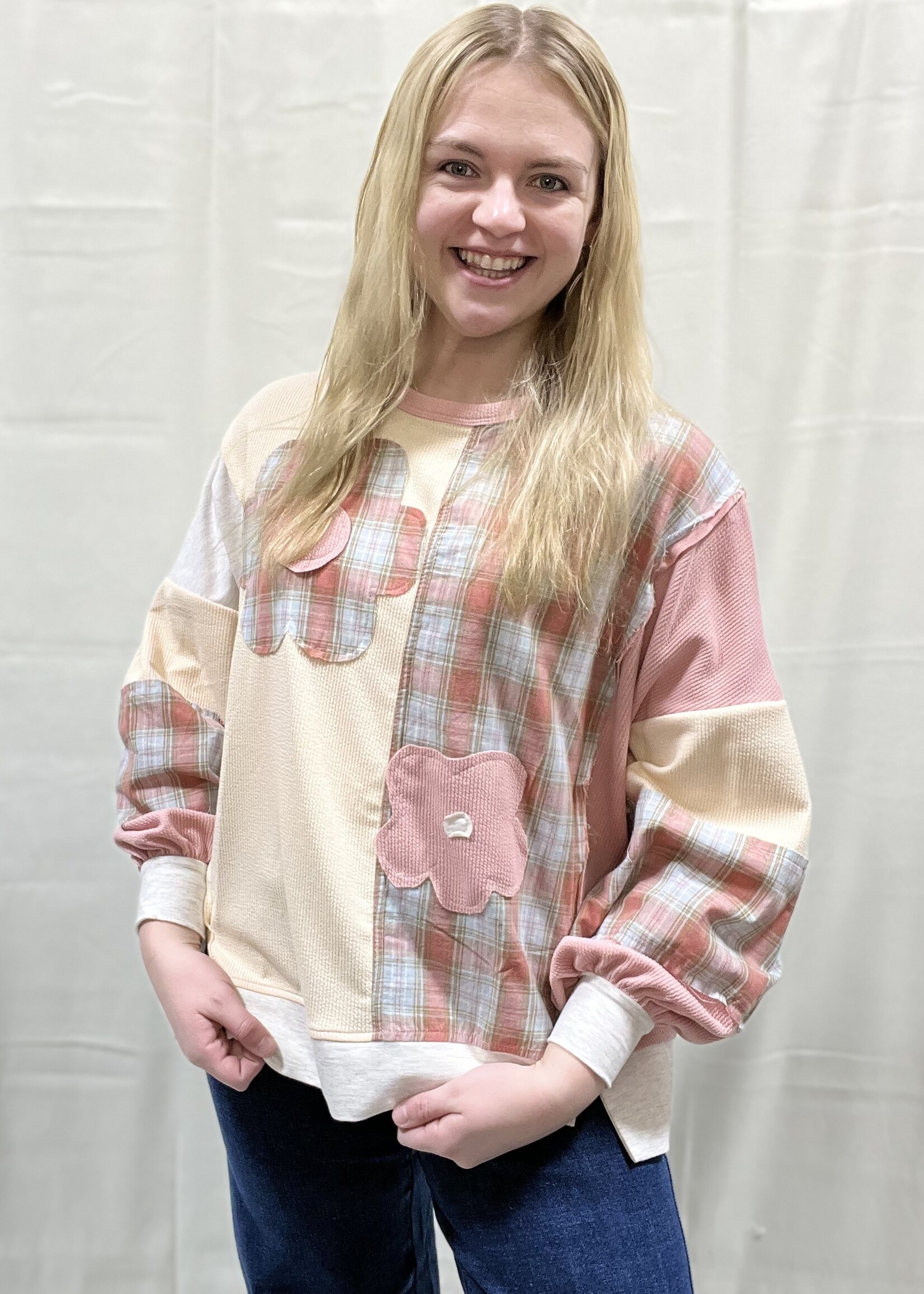 Dusty Rose Plaid Patch Flower Top