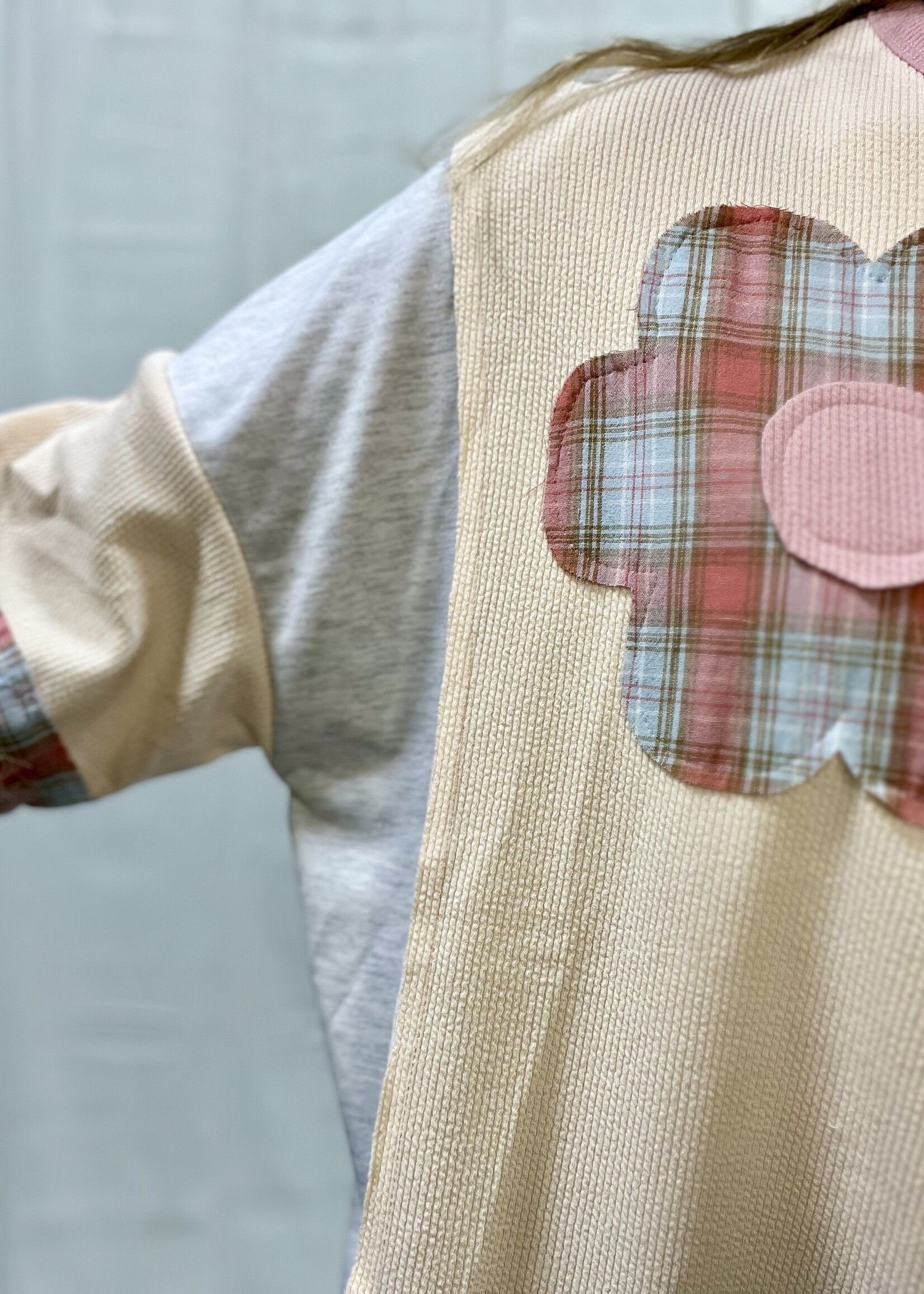 Dusty Rose Plaid Patch Flower Top