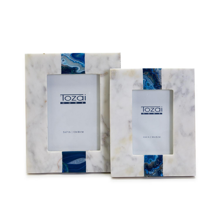 White Marble with Blue Agate Inlay Photo Frame