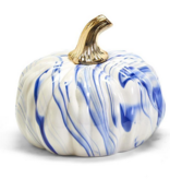 Marbled Blue and White Pumpkins with Gold Stem- Size Large 6 1/2" H x 8" Dia