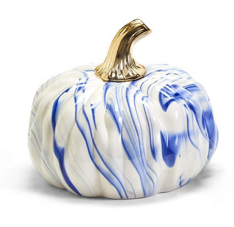 Marbled Blue and White Pumpkins with Gold Stem- Size Large 6 1/2" H x 8" Dia