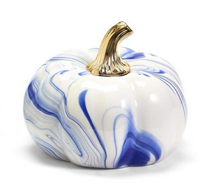 Marbled Blue and White Pumpkins with Gold Stem- Size Small 4 1/4" H x 6 1/2" Dia