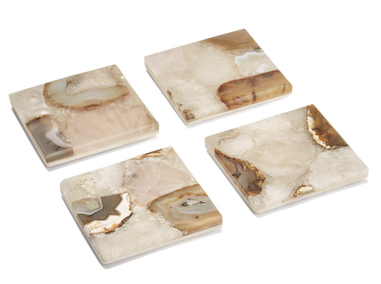 Set of 4 Agate Coasters with Marble Base - Genuine Agate/Marble Quartz